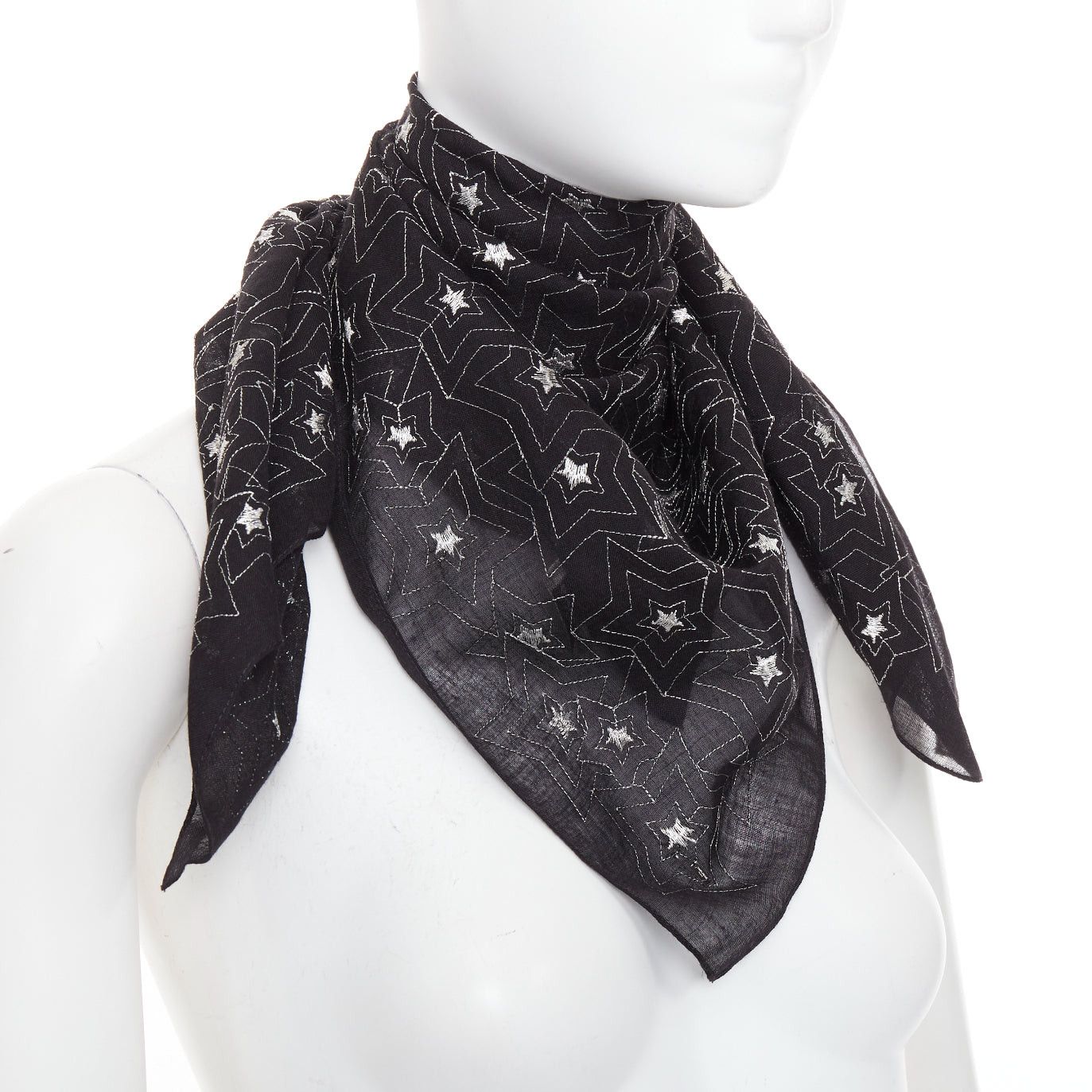 Saint Laurent Paris SAINT LAURENT black silver star embroidery lightweight square scarf Size ONE SIZE - 3 Thumbnail