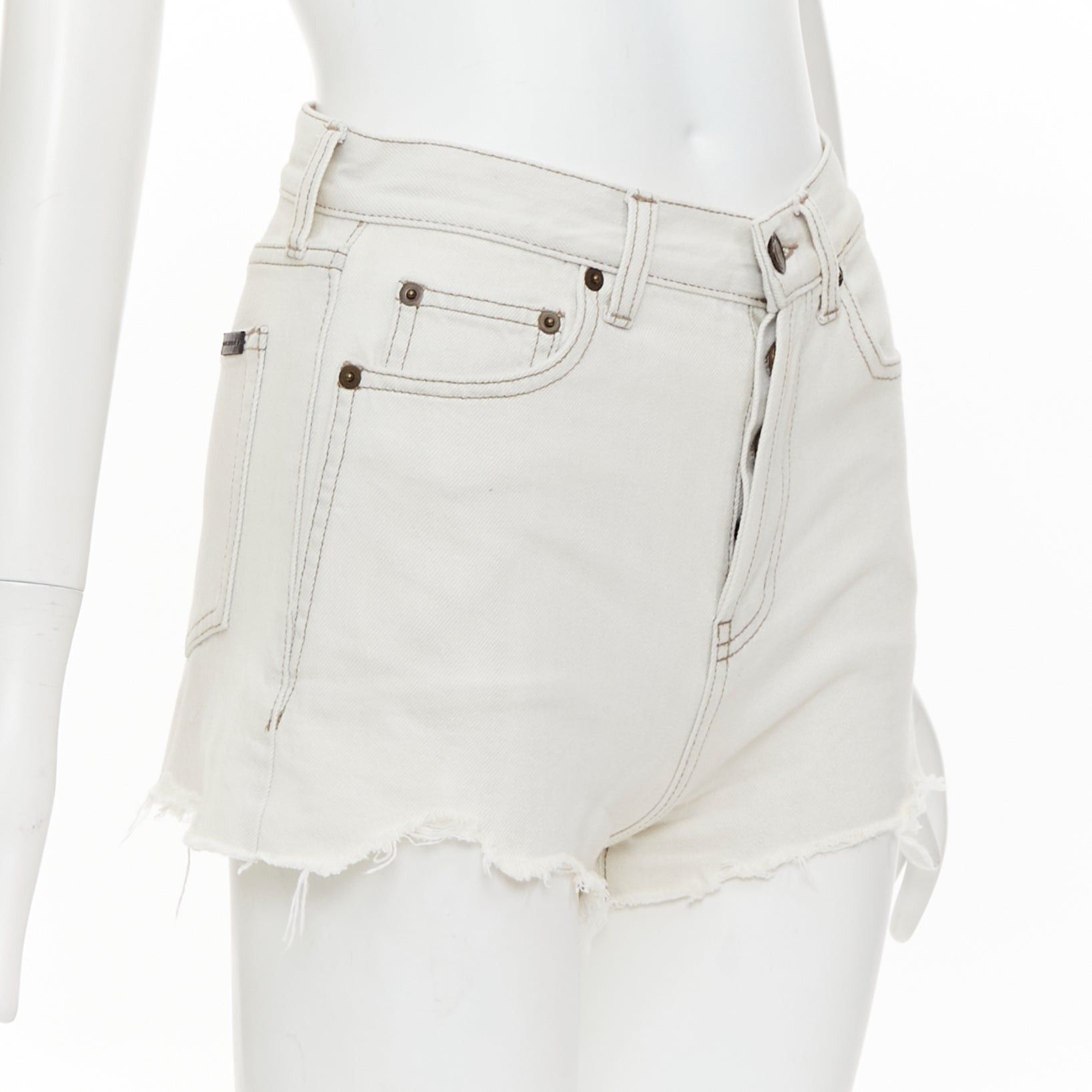 Saint Laurent Paris SAINT LAURENT 2021 light grey washed cotton distressed mini shorts 25" Size 27" / US 4 / IT 40 - 3 Thumbnail