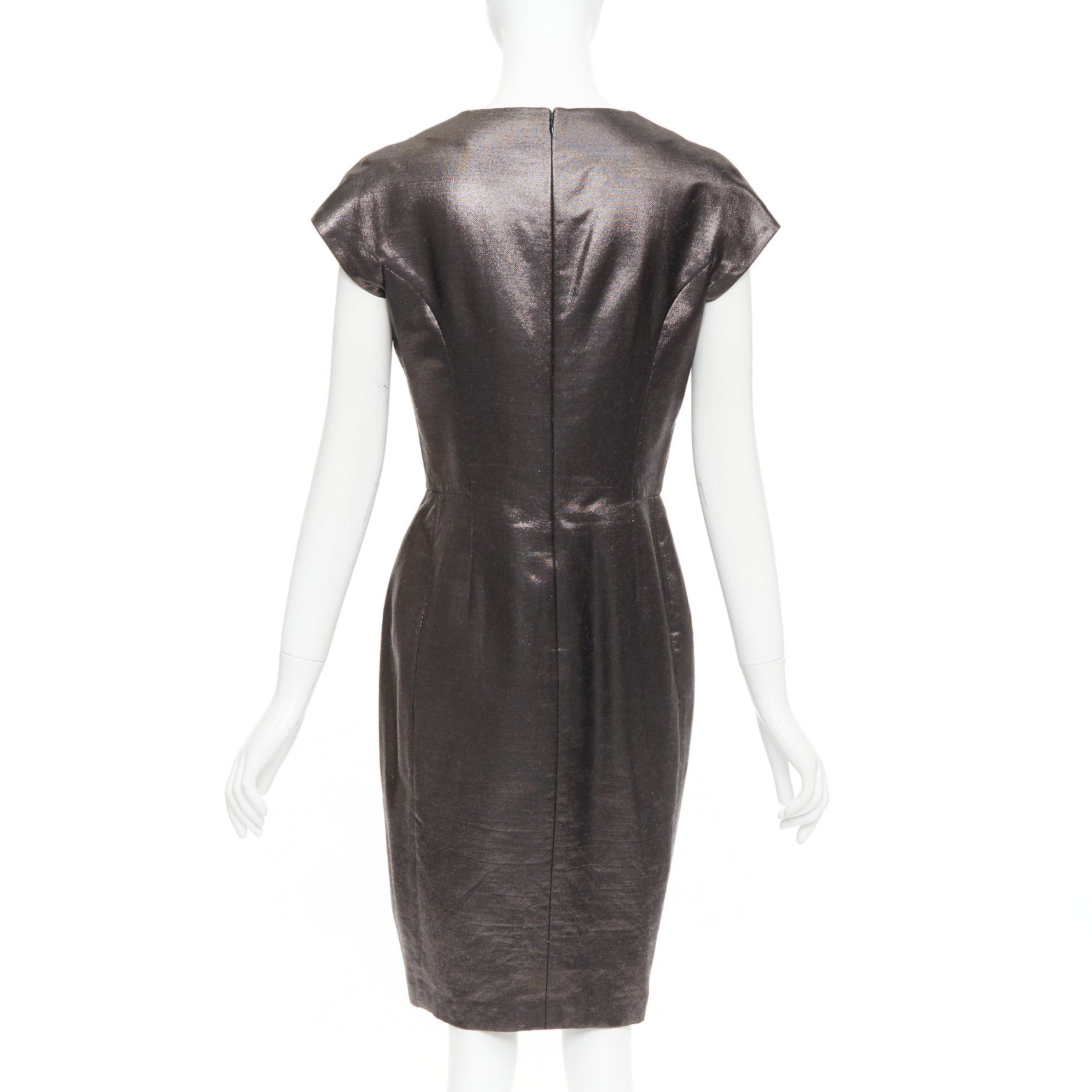 Saint Laurent Paris YVES SAINT LAURENT 2009 bronze metallic look V neck sheath dress FR40 S Size S / US 4 / IT 40 - 5 Thumbnail