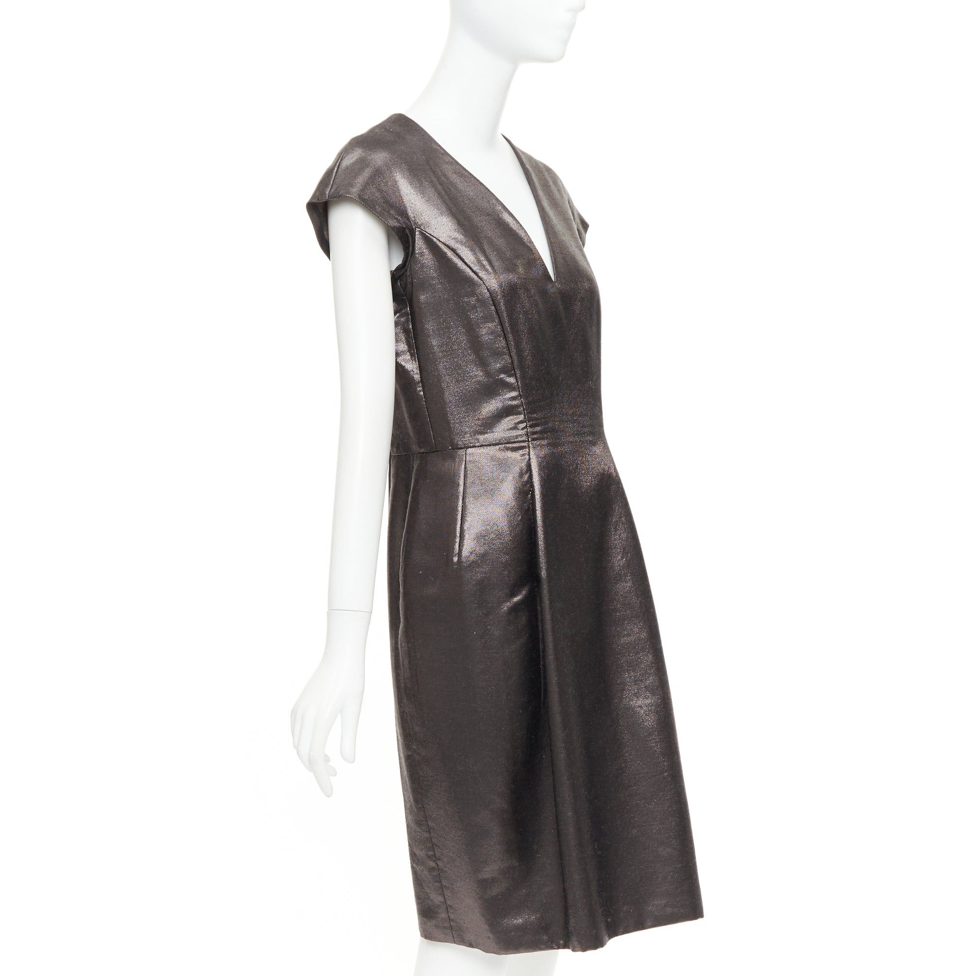 Saint Laurent Paris YVES SAINT LAURENT 2009 bronze metallic look V neck sheath dress FR40 S Size S / US 4 / IT 40 - 3 Thumbnail