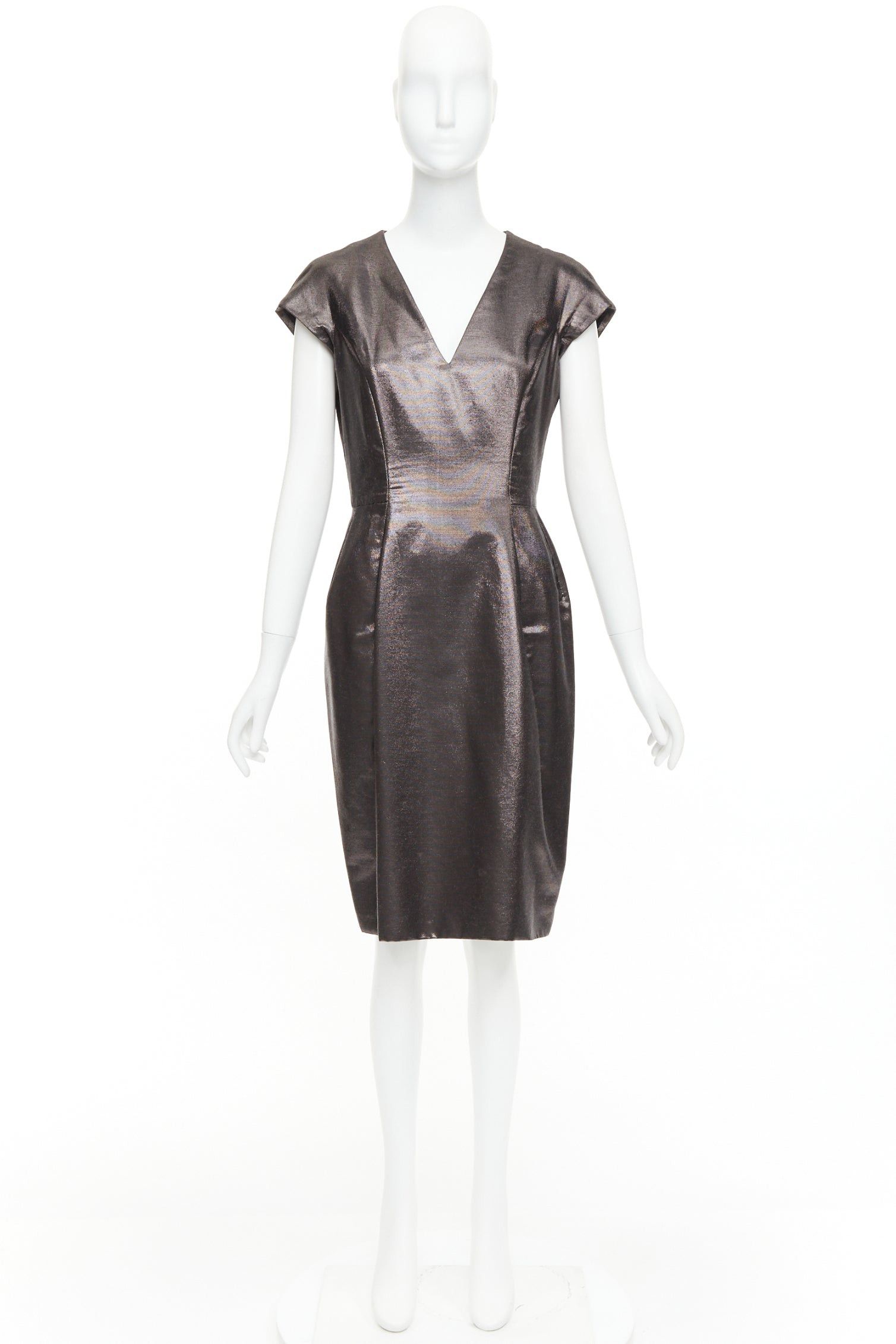 Saint Laurent Paris YVES SAINT LAURENT 2009 bronze metallic look V neck sheath dress FR40 S Size S / US 4 / IT 40 - 9 Thumbnail