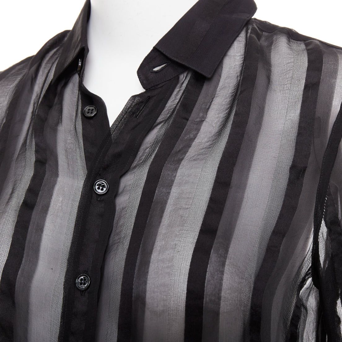 Saint Laurent Paris SAINT LAURENT 2013 black 100% silk vertical stripes sheer collared shirt FR36 S Size S / US 4 / IT 40 - 2 Thumbnail