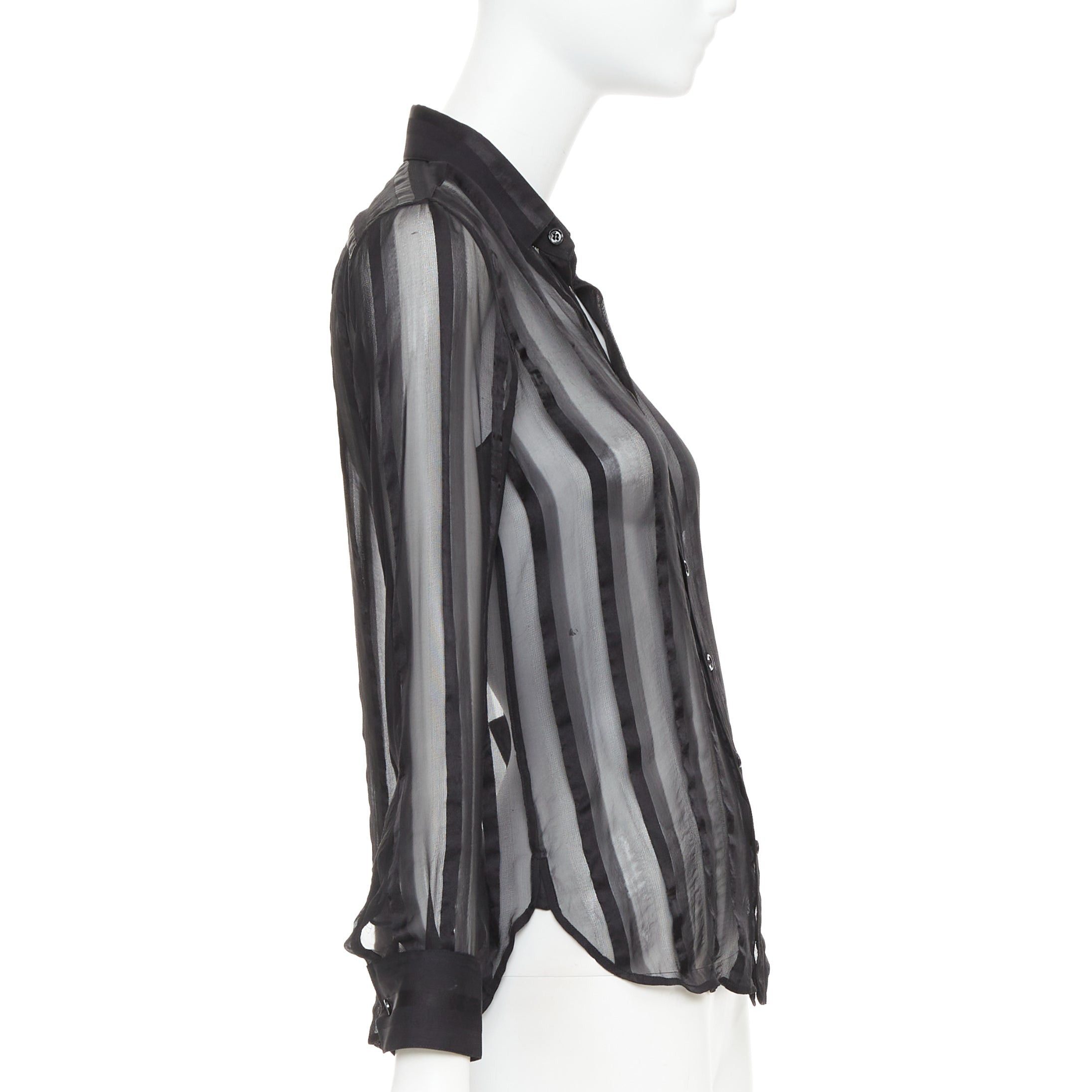 Saint Laurent Paris SAINT LAURENT 2013 black 100% silk vertical stripes sheer collared shirt FR36 S Size S / US 4 / IT 40 - 4 Thumbnail