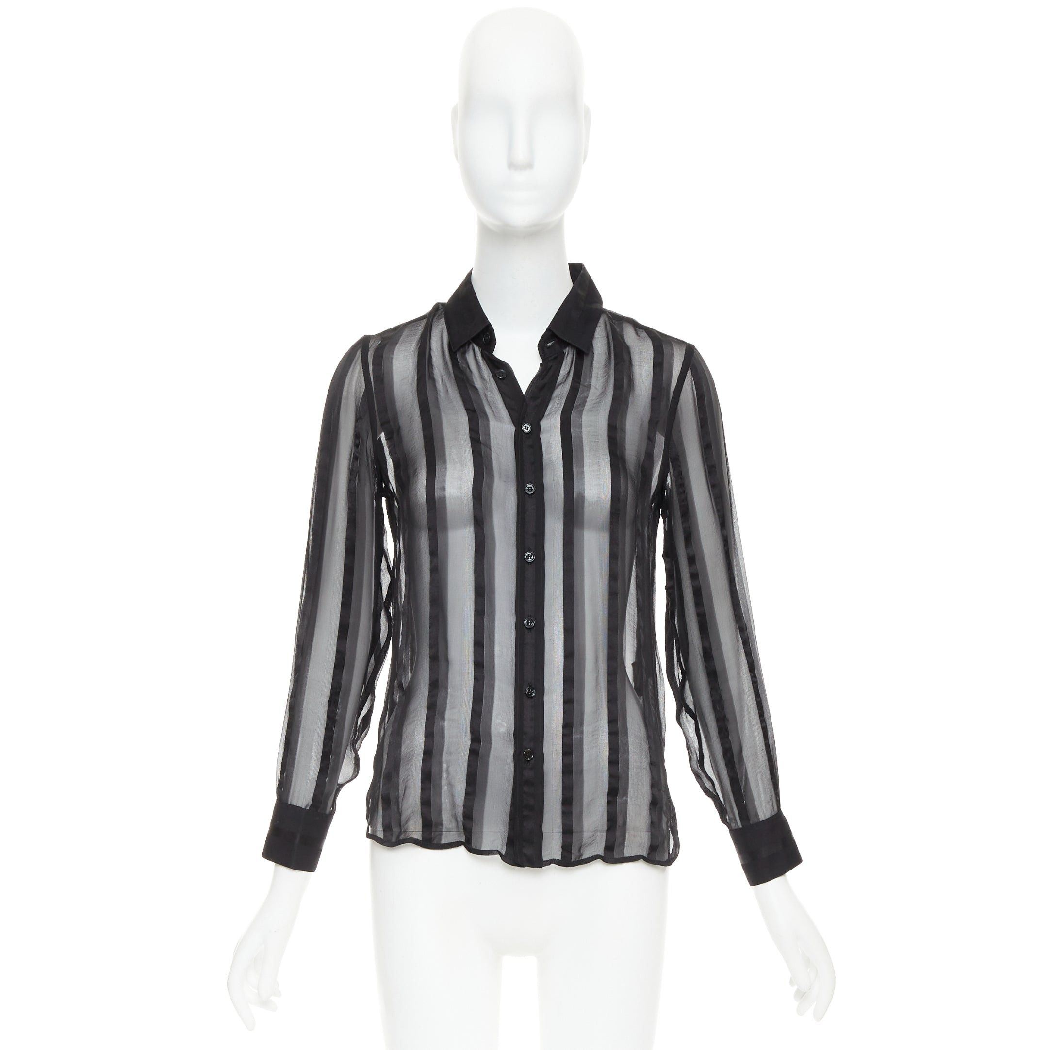 Saint Laurent Paris SAINT LAURENT 2013 black 100% silk vertical stripes sheer collared shirt FR36 S Size S / US 4 / IT 40 - 9 Thumbnail