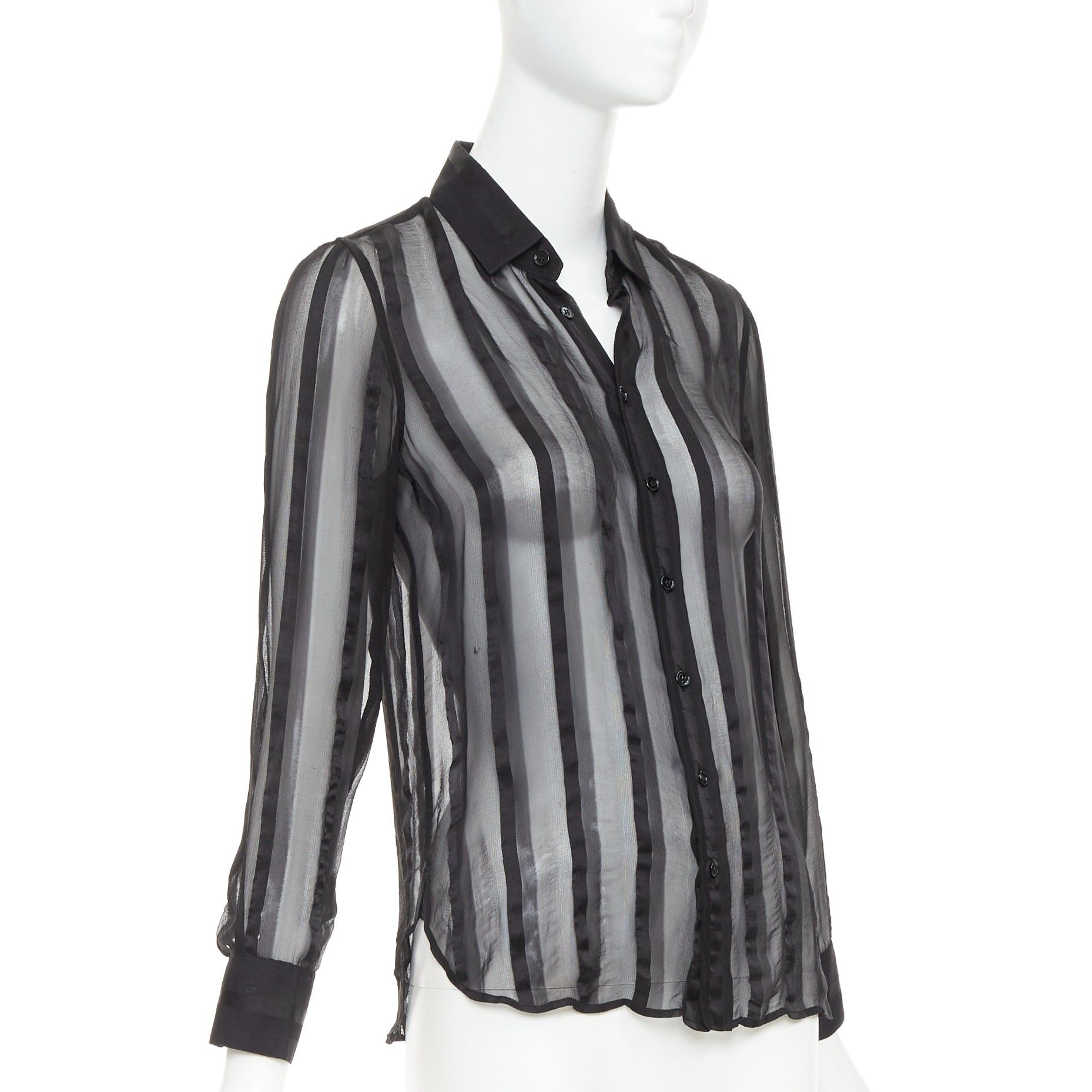 Saint Laurent Paris SAINT LAURENT 2013 black 100% silk vertical stripes sheer collared shirt FR36 S Size S / US 4 / IT 40 - 3 Thumbnail