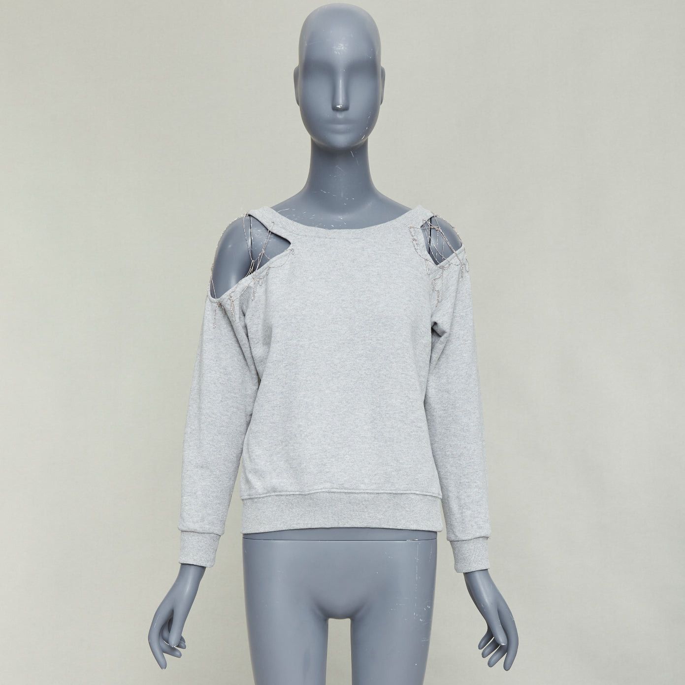 Saint Laurent Paris SAINT LAURENT 2013 Hedi Slimane grey cotton silver chain cold shoulder sweater XS Size S / US 4 / IT 40 - 9 Thumbnail
