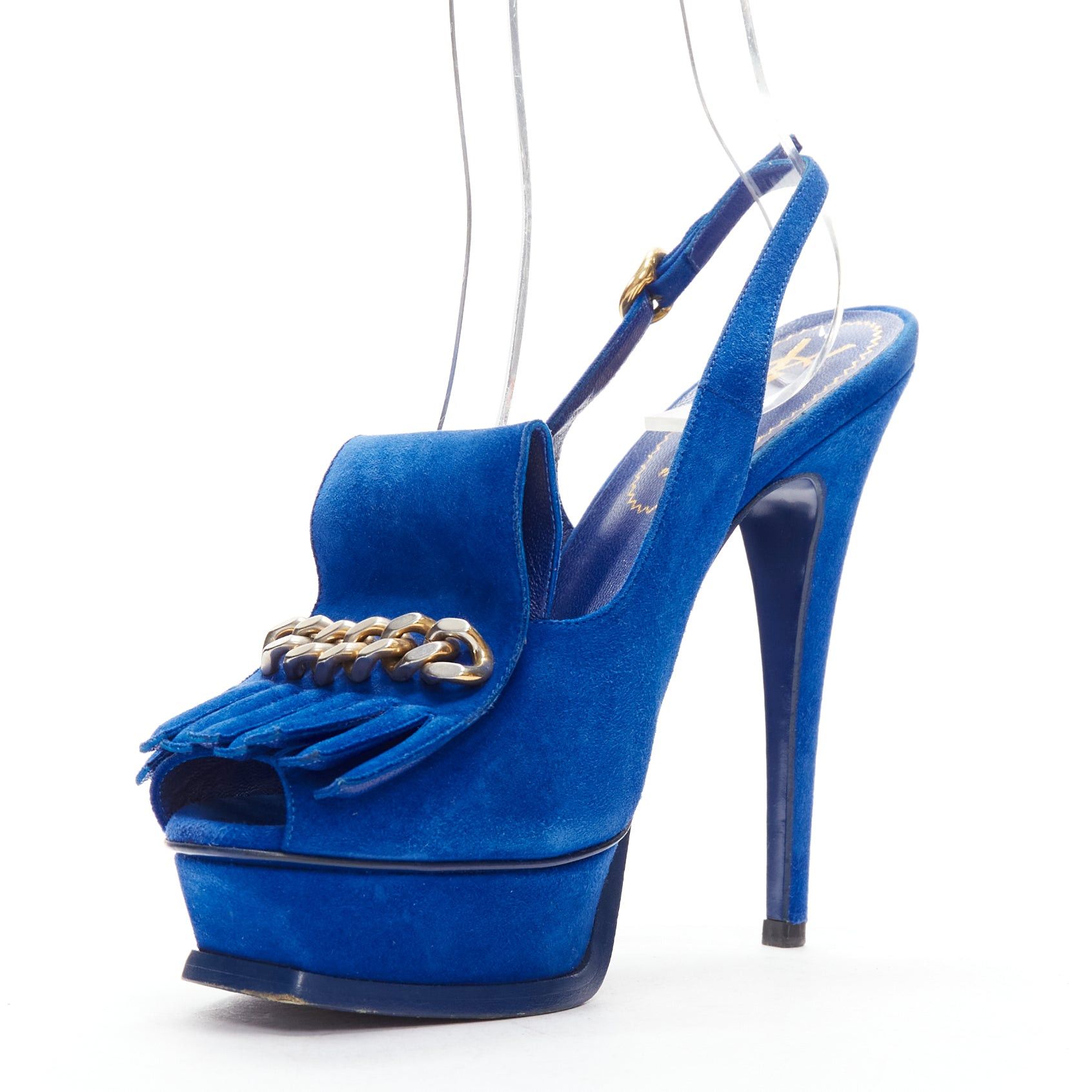 Saint Laurent Paris YVES SAINT LAURENT Tribute cobalt blue suede fringe chain platform EU37.5 Size US 7.5 / IT 37.5 - 4 Thumbnail