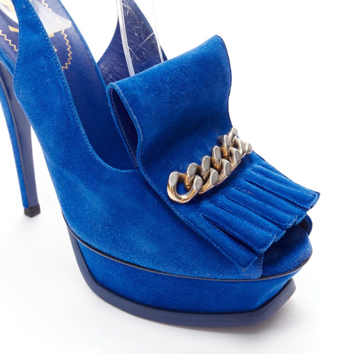 Saint Laurent Paris YVES SAINT LAURENT Tribute cobalt blue suede fringe chain platform EU37.5 Size US 7.5 / IT 37.5 - 7 Thumbnail