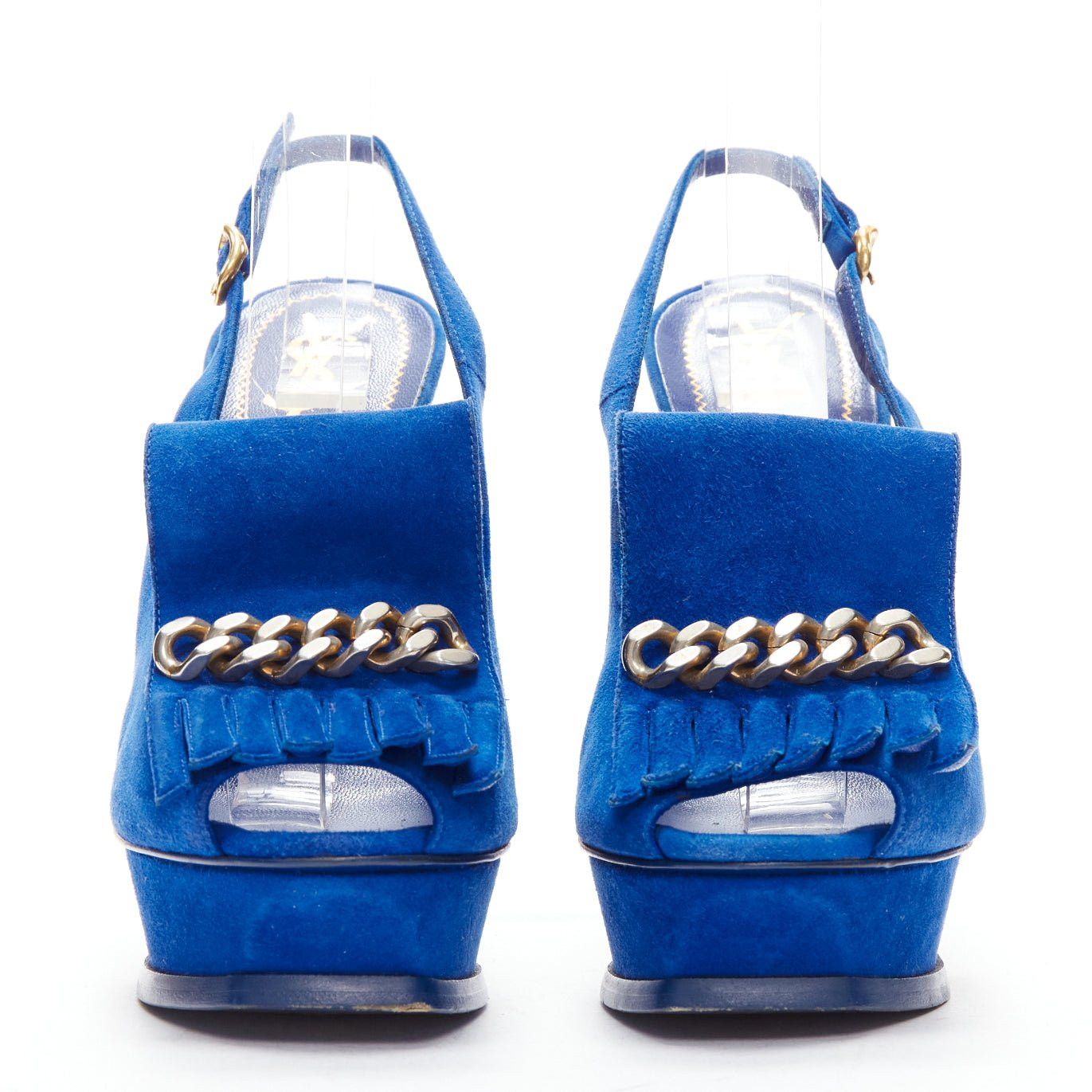 Saint Laurent Paris YVES SAINT LAURENT Tribute cobalt blue suede fringe chain platform EU37.5 Size US 7.5 / IT 37.5 - 3 Thumbnail