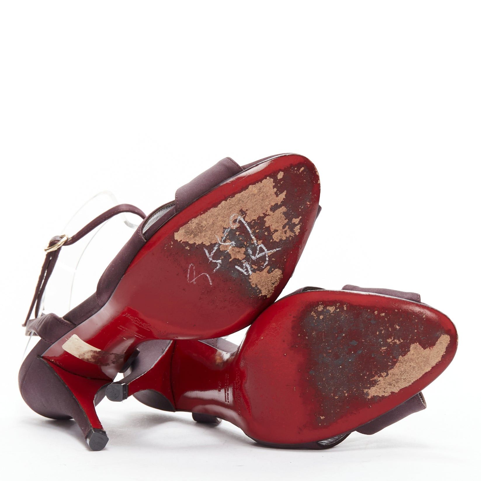 Saint Laurent Paris YVES SAINT LAURENT dark purple satin red sole sandal heels EU38 Size US 8 / IT 38 - 9 Thumbnail