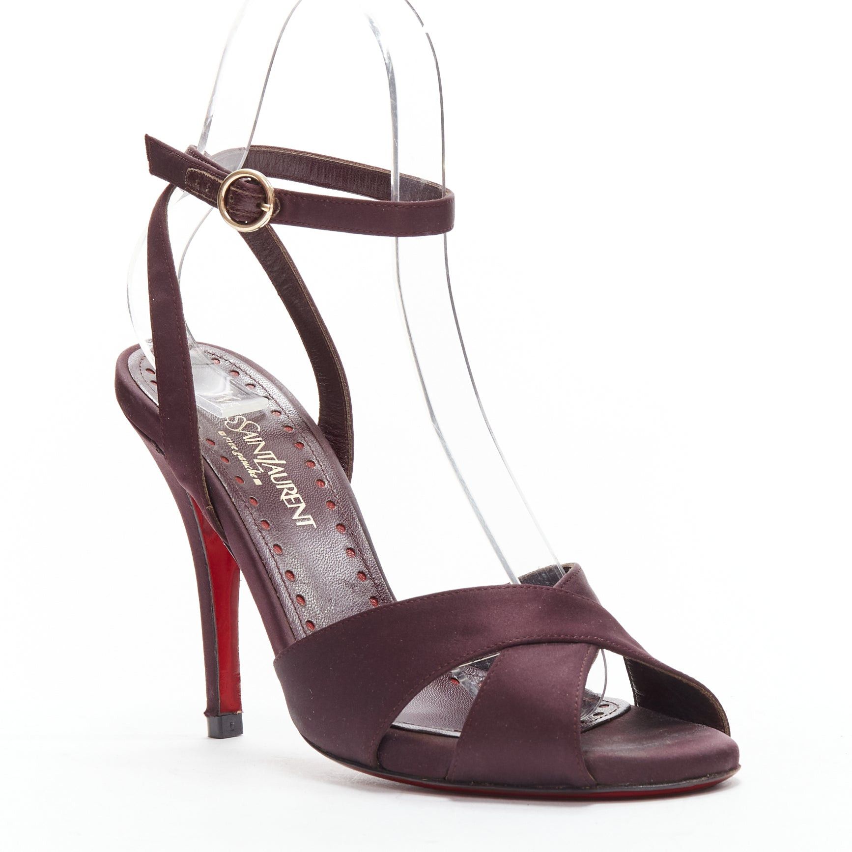 Saint Laurent Paris YVES SAINT LAURENT dark purple satin red sole sandal heels EU38 Size US 8 / IT 38 - 2 Thumbnail