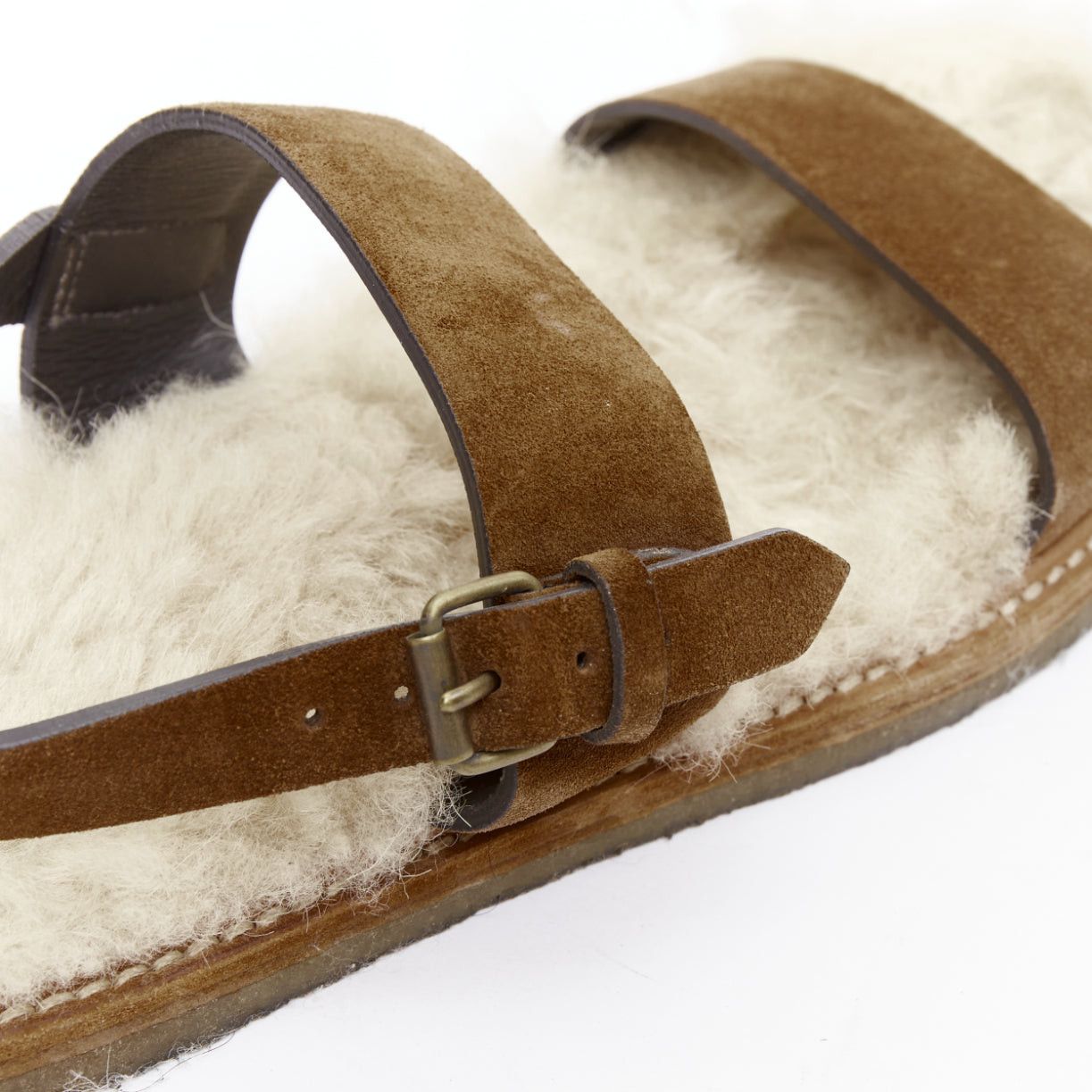 Saint Laurent Paris SAINT LAURENT Joan Noe tan leather cream shearling lined sandals EU38 Size US 8 / IT 38 - 8 Thumbnail