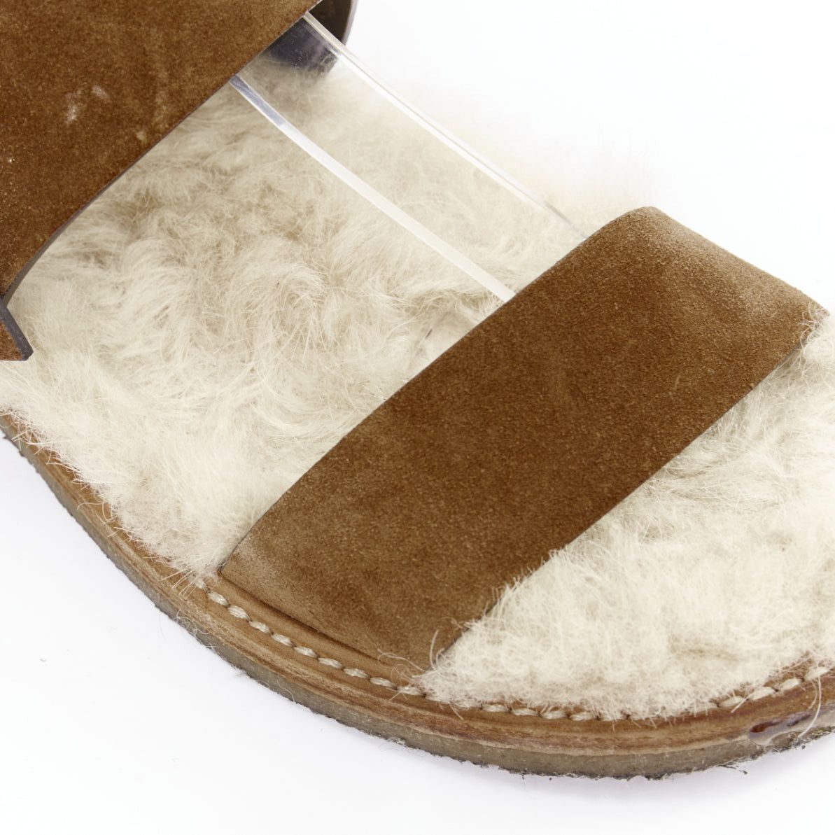 Saint Laurent Paris SAINT LAURENT Joan Noe tan leather cream shearling lined sandals EU38 Size US 8 / IT 38 - 7 Thumbnail