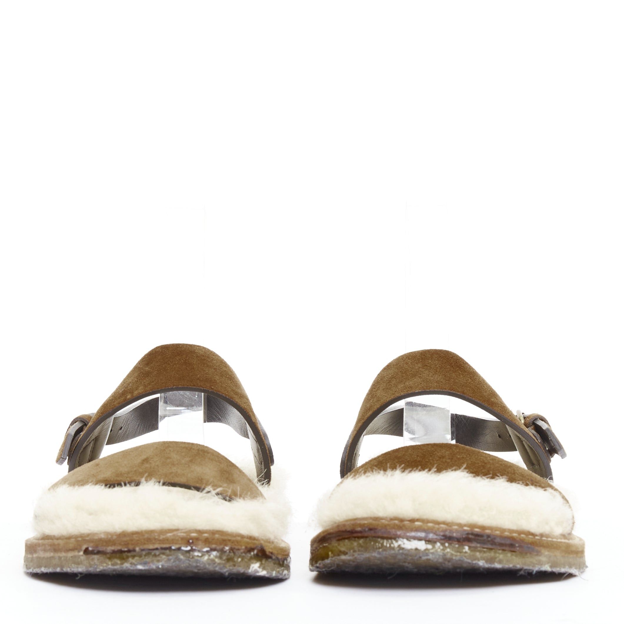 Saint Laurent Paris SAINT LAURENT Joan Noe tan leather cream shearling lined sandals EU38 Size US 8 / IT 38 - 3 Thumbnail
