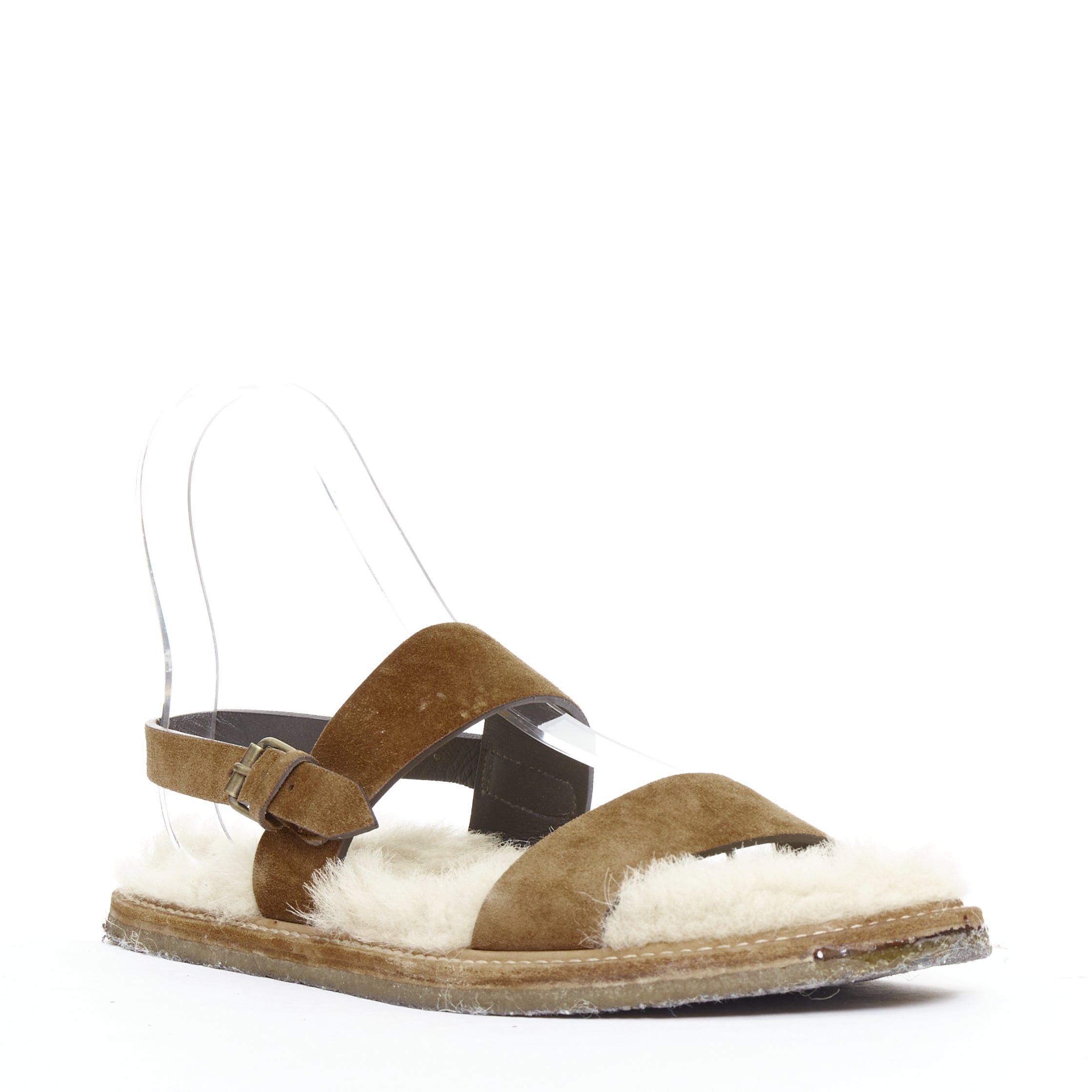 Saint Laurent Paris SAINT LAURENT Joan Noe tan leather cream shearling lined sandals EU38 Size US 8 / IT 38 - 2 Thumbnail