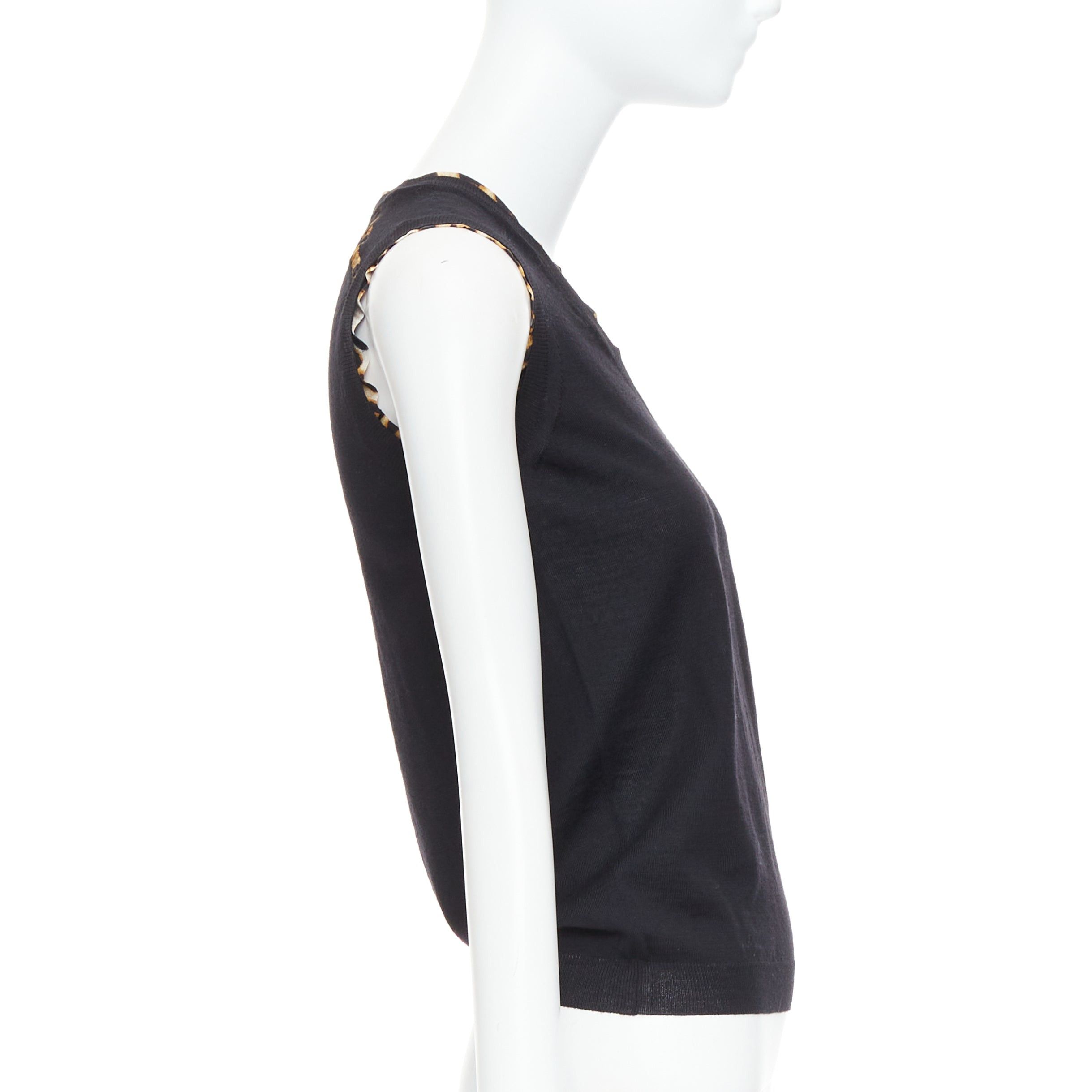 Saint Laurent Paris YVES SAINT LAURENT black virgin wool leopard silk trim sweater vest S Size S / US 4 / IT 40 - 4 Thumbnail