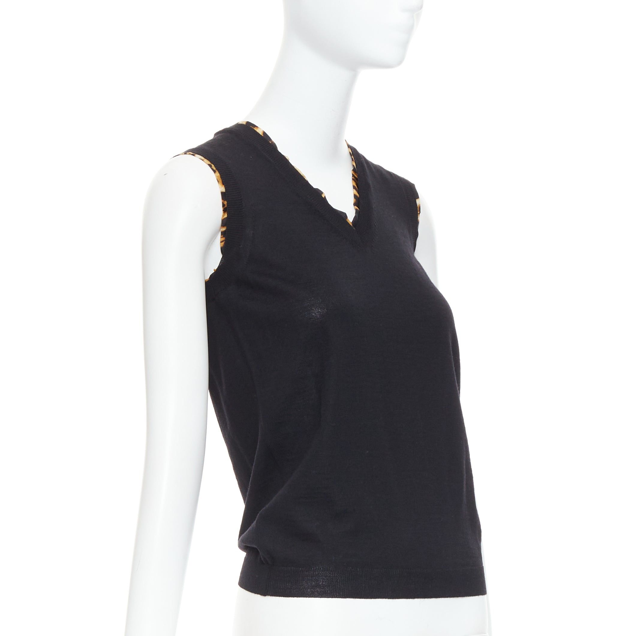 Saint Laurent Paris YVES SAINT LAURENT black virgin wool leopard silk trim sweater vest S Size S / US 4 / IT 40 - 3 Thumbnail