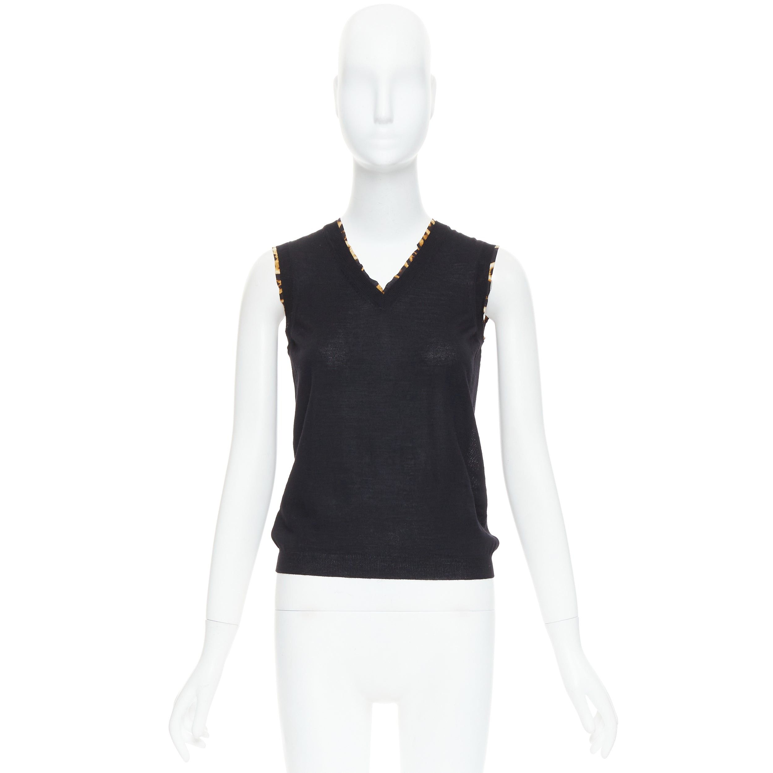Saint Laurent Paris YVES SAINT LAURENT black virgin wool leopard silk trim sweater vest S Size S / US 4 / IT 40 - 9 Thumbnail