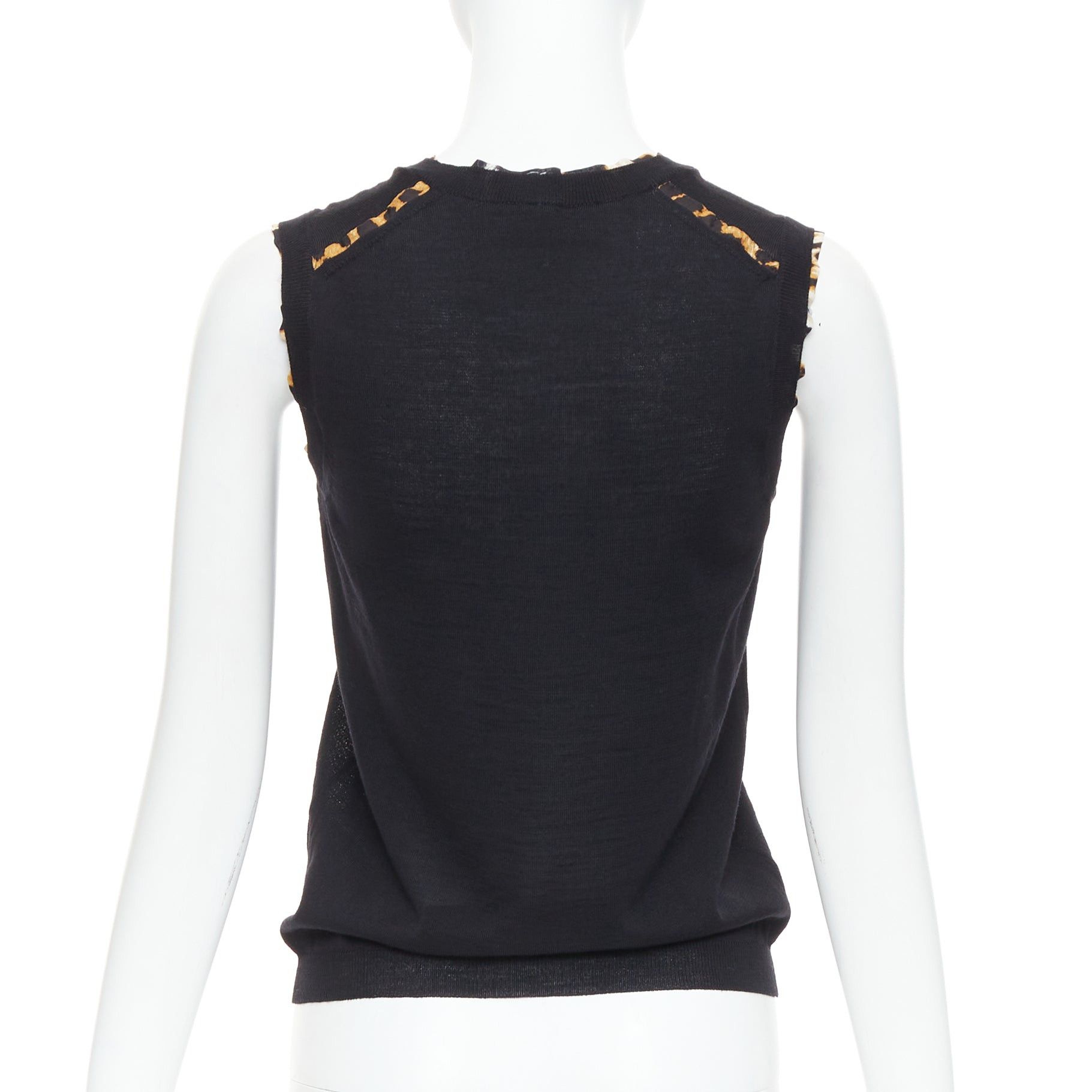 Saint Laurent Paris YVES SAINT LAURENT black virgin wool leopard silk trim sweater vest S Size S / US 4 / IT 40 - 5 Thumbnail