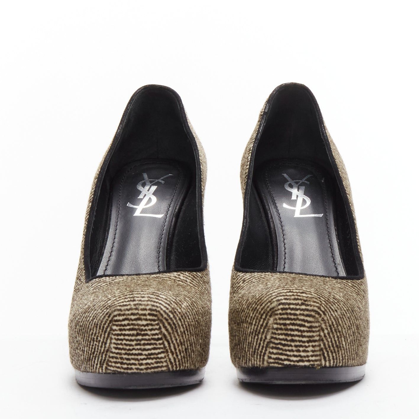 Saint Laurent Paris YVES SAINT LAURENT Tribtoo brown wool tweed platform heel pump EU37.5 Size US 7.5 / IT 37.5 - 3 Thumbnail