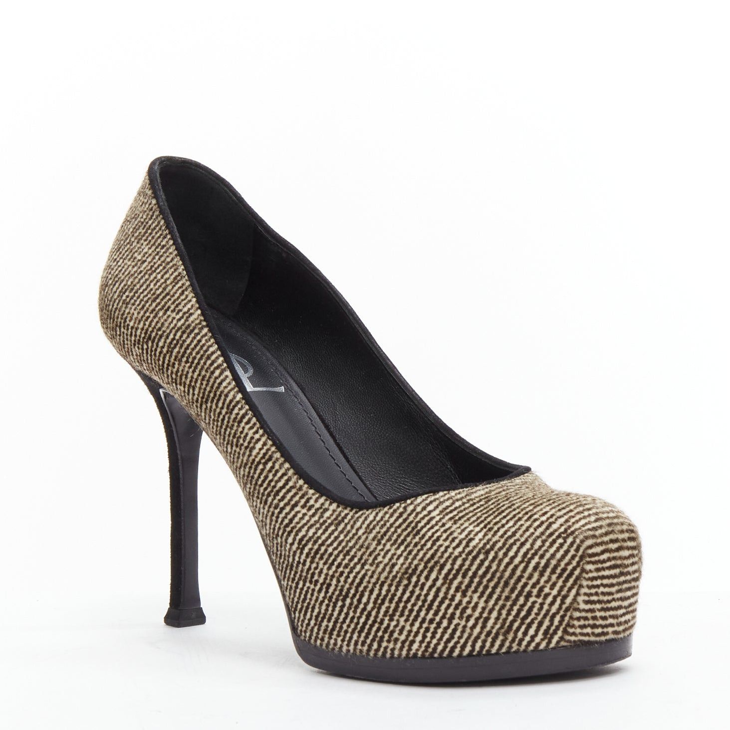Saint Laurent Paris YVES SAINT LAURENT Tribtoo brown wool tweed platform heel pump EU37.5 Size US 7.5 / IT 37.5 - 2 Thumbnail