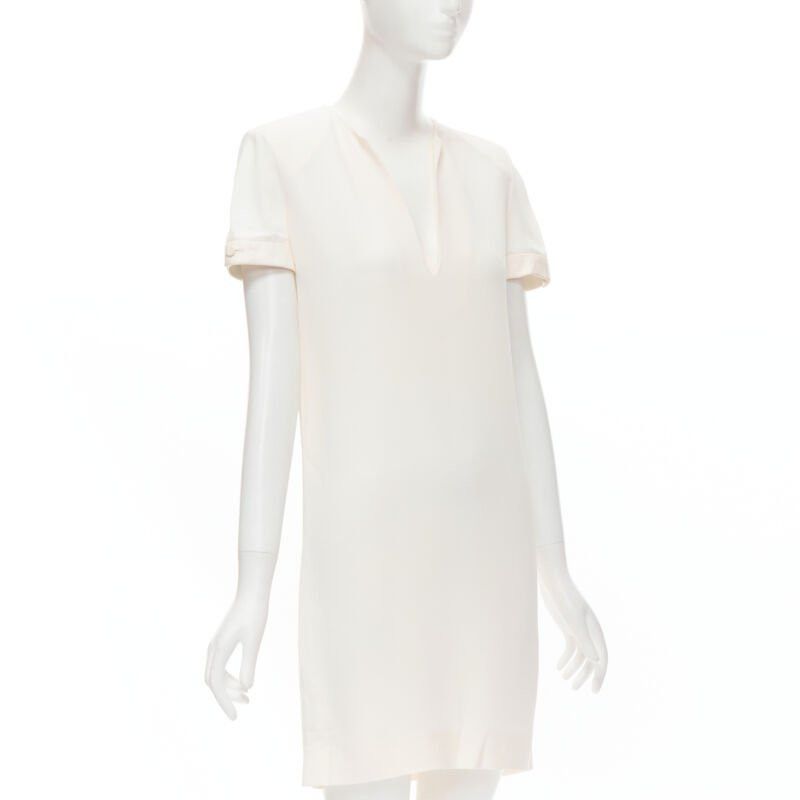 Saint Laurent Paris SAINT LAURENT 2013 Hedi Slimane ivory crepe leather trimmed V-neck dress FR36 S Size XS / US 0-2 / IT 36-38 - 3 Thumbnail