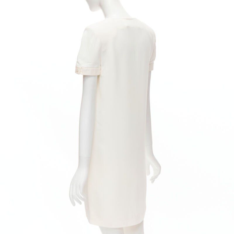 Saint Laurent Paris SAINT LAURENT 2013 Hedi Slimane ivory crepe leather trimmed V-neck dress FR36 S Size XS / US 0-2 / IT 36-38 - 6 Thumbnail