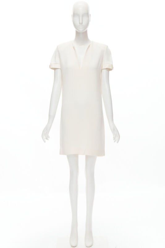 Saint Laurent Paris SAINT LAURENT 2013 Hedi Slimane ivory crepe leather trimmed V-neck dress FR36 S Size XS / US 0-2 / IT 36-38 - 9 Thumbnail