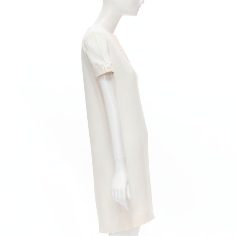Saint Laurent Paris SAINT LAURENT 2013 Hedi Slimane ivory crepe leather trimmed V-neck dress FR36 S Size XS / US 0-2 / IT 36-38 - 4 Thumbnail