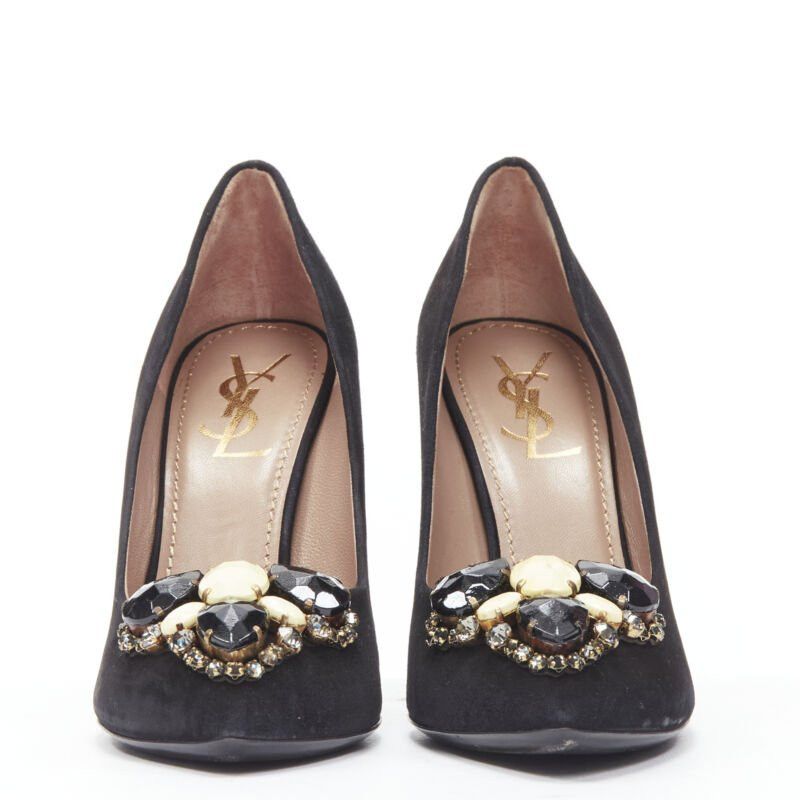 Saint Laurent Paris YVES SAINT LAURENT Charlie 105 black suede rhinestone jewel heel pump EU37.5 Size US 7.5 / IT 37.5 - 3 Thumbnail