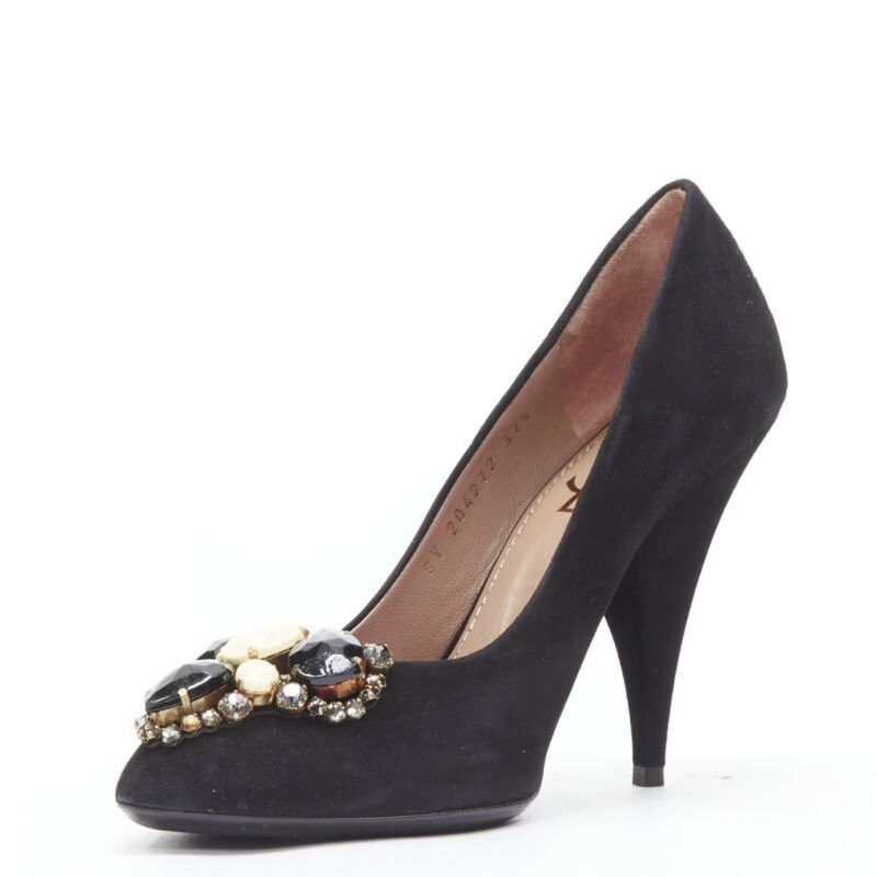 Saint Laurent Paris YVES SAINT LAURENT Charlie 105 black suede rhinestone jewel heel pump EU37.5 Size US 7.5 / IT 37.5 - 4 Thumbnail