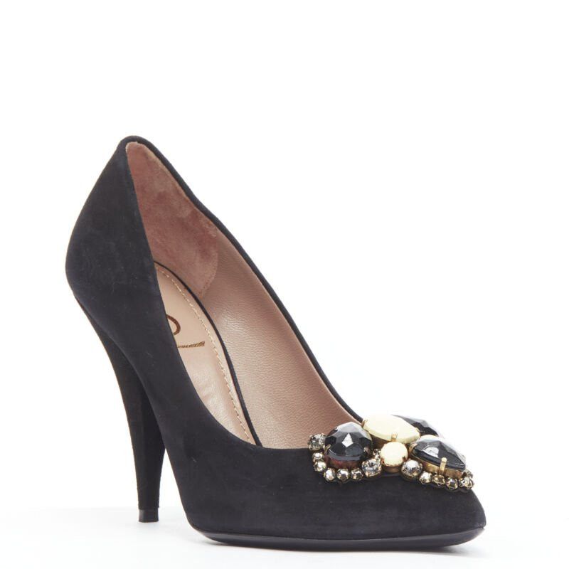 Saint Laurent Paris YVES SAINT LAURENT Charlie 105 black suede rhinestone jewel heel pump EU37.5 Size US 7.5 / IT 37.5 - 2 Thumbnail