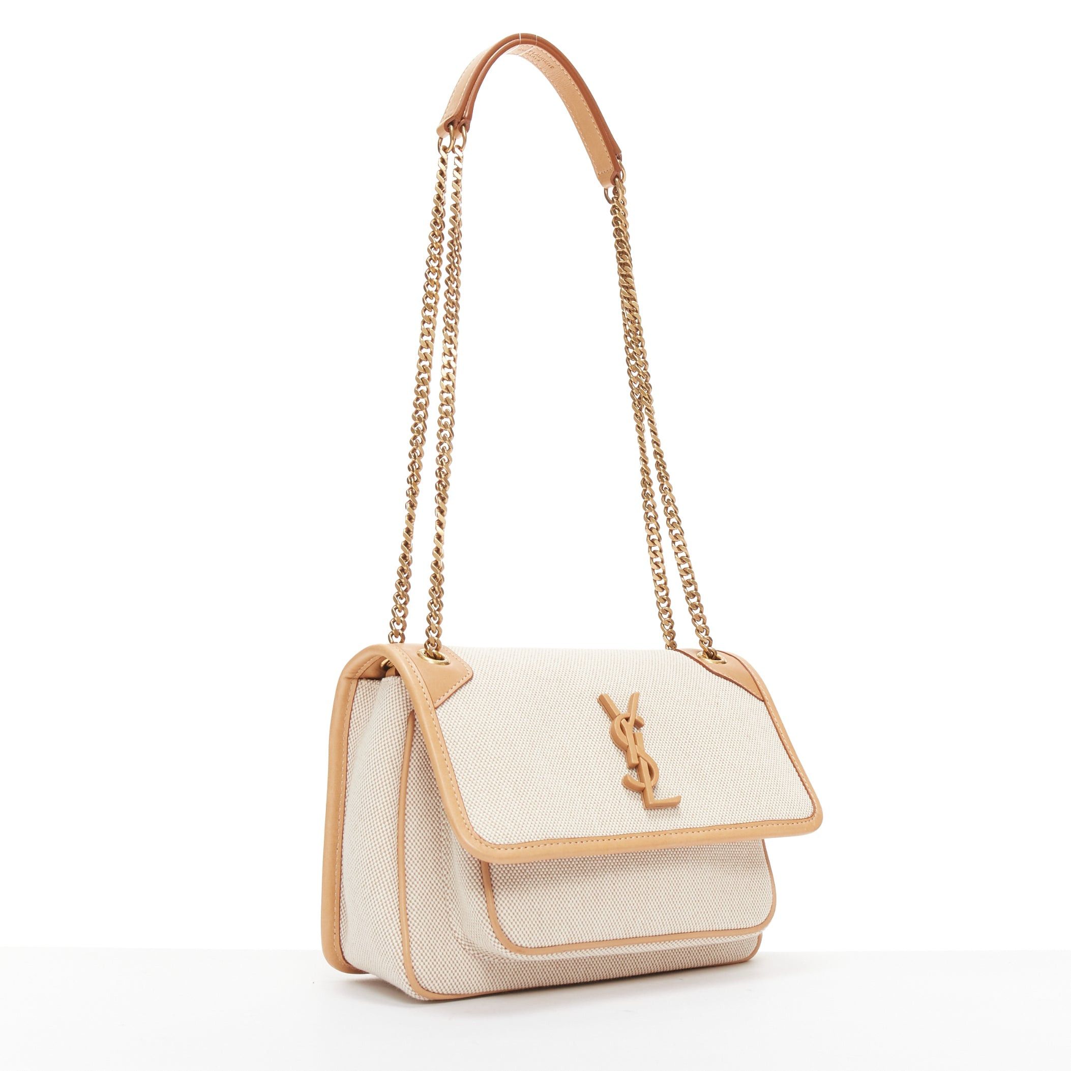Saint Laurent Paris SAINT LAURENT Niki beige canvas brown leather trim logo flap crossbody chain bag Size ONE SIZE - 3 Thumbnail