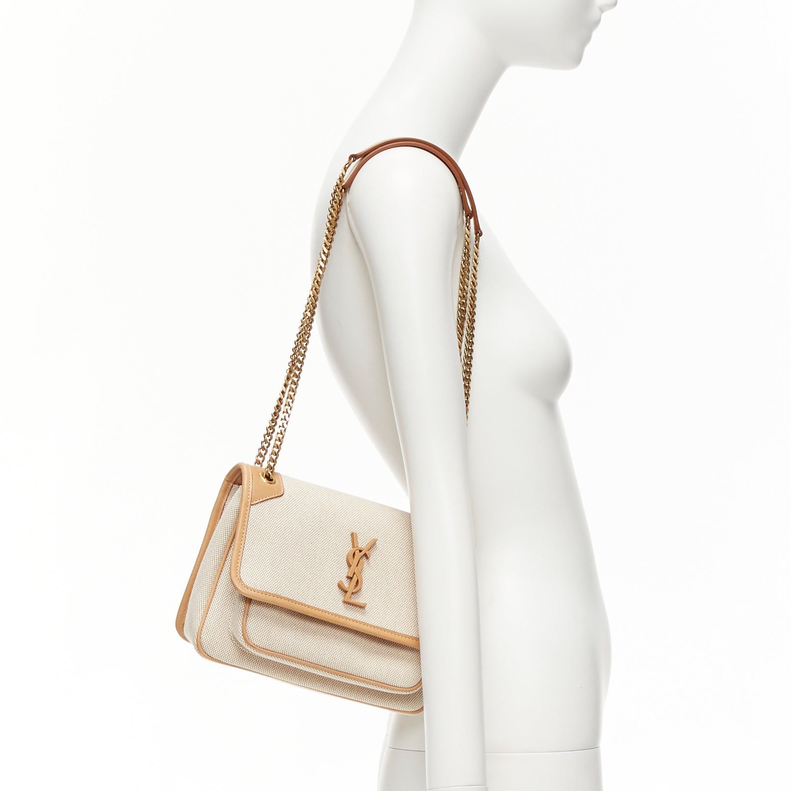 Saint Laurent Paris SAINT LAURENT Niki beige canvas brown leather trim logo flap crossbody chain bag Size ONE SIZE - 2 Thumbnail