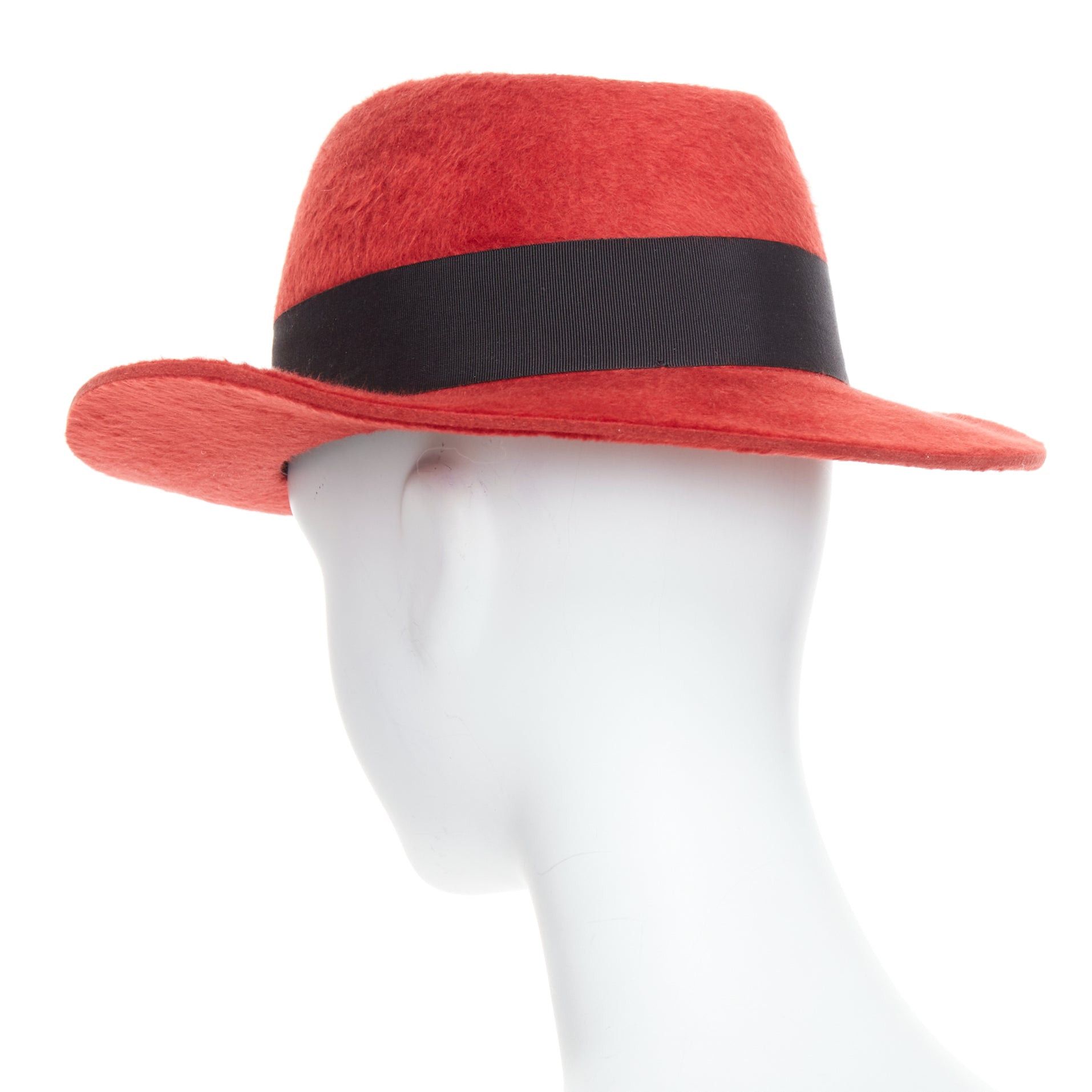 Saint Laurent Paris SAINT LAURENT red rabbit felt black grosgrain leather lined fedora hat Size ONE SIZE - 6 Thumbnail