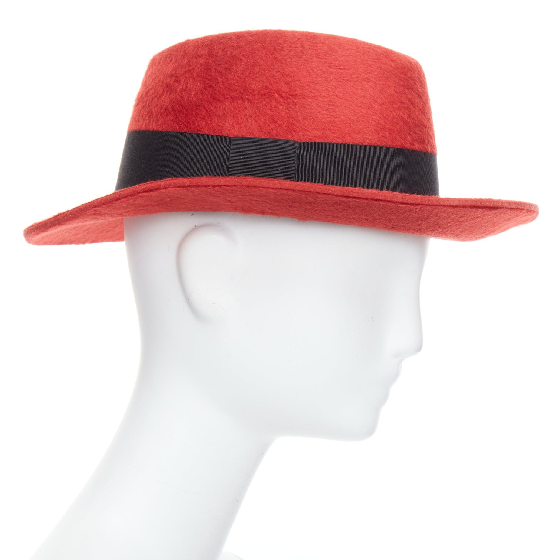 Saint Laurent Paris SAINT LAURENT red rabbit felt black grosgrain leather lined fedora hat Size ONE SIZE - 4 Thumbnail