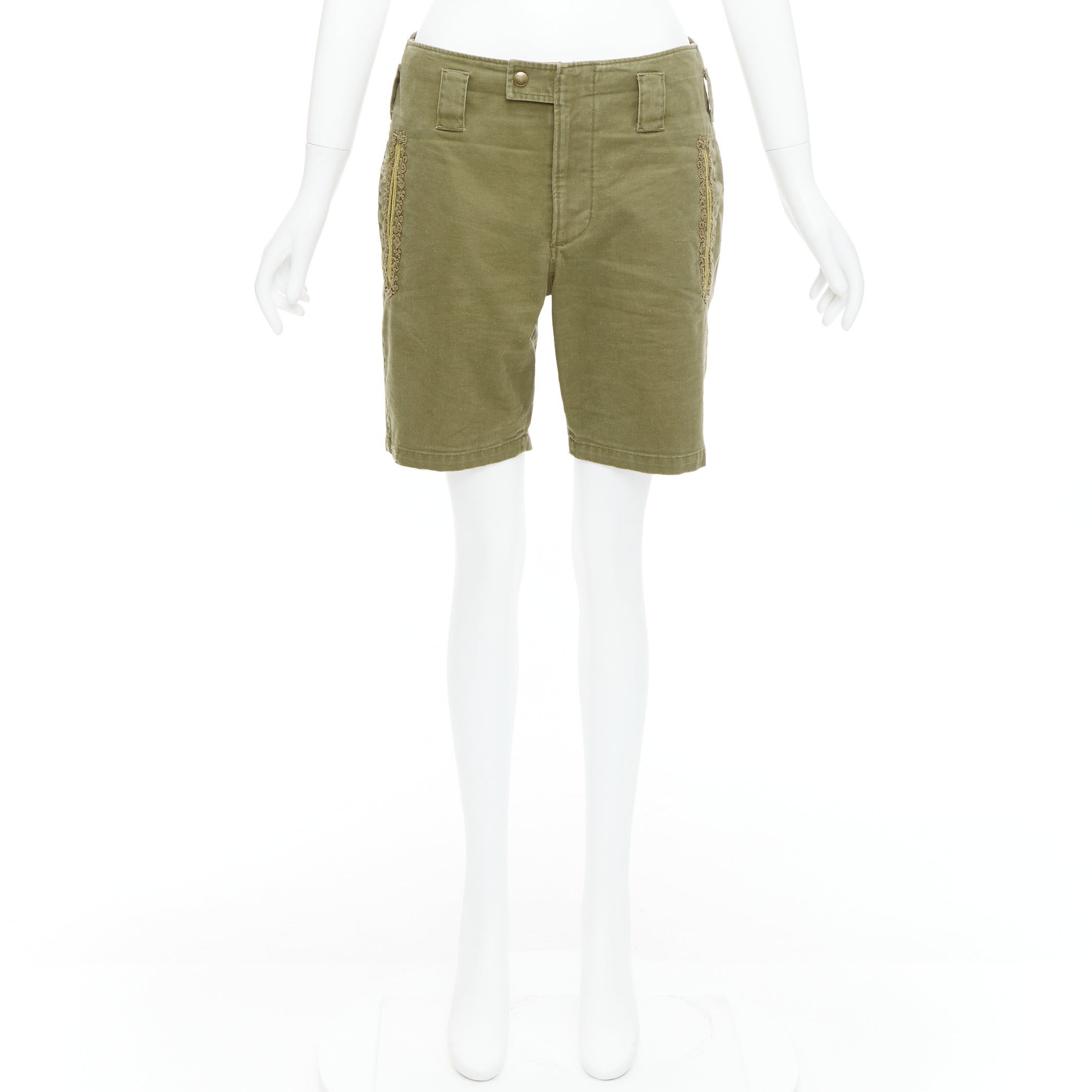 Saint Laurent Paris SAINT LAURENT 2018 green gold cotton ramie embroidered military shorts FR36 S Size 27" / US 4 / IT 40 - 9 Thumbnail