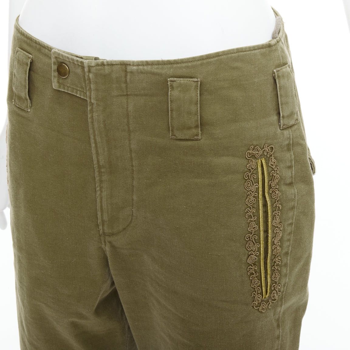 Saint Laurent Paris SAINT LAURENT 2018 green gold cotton ramie embroidered military shorts FR36 S Size 27" / US 4 / IT 40 - 2 Thumbnail