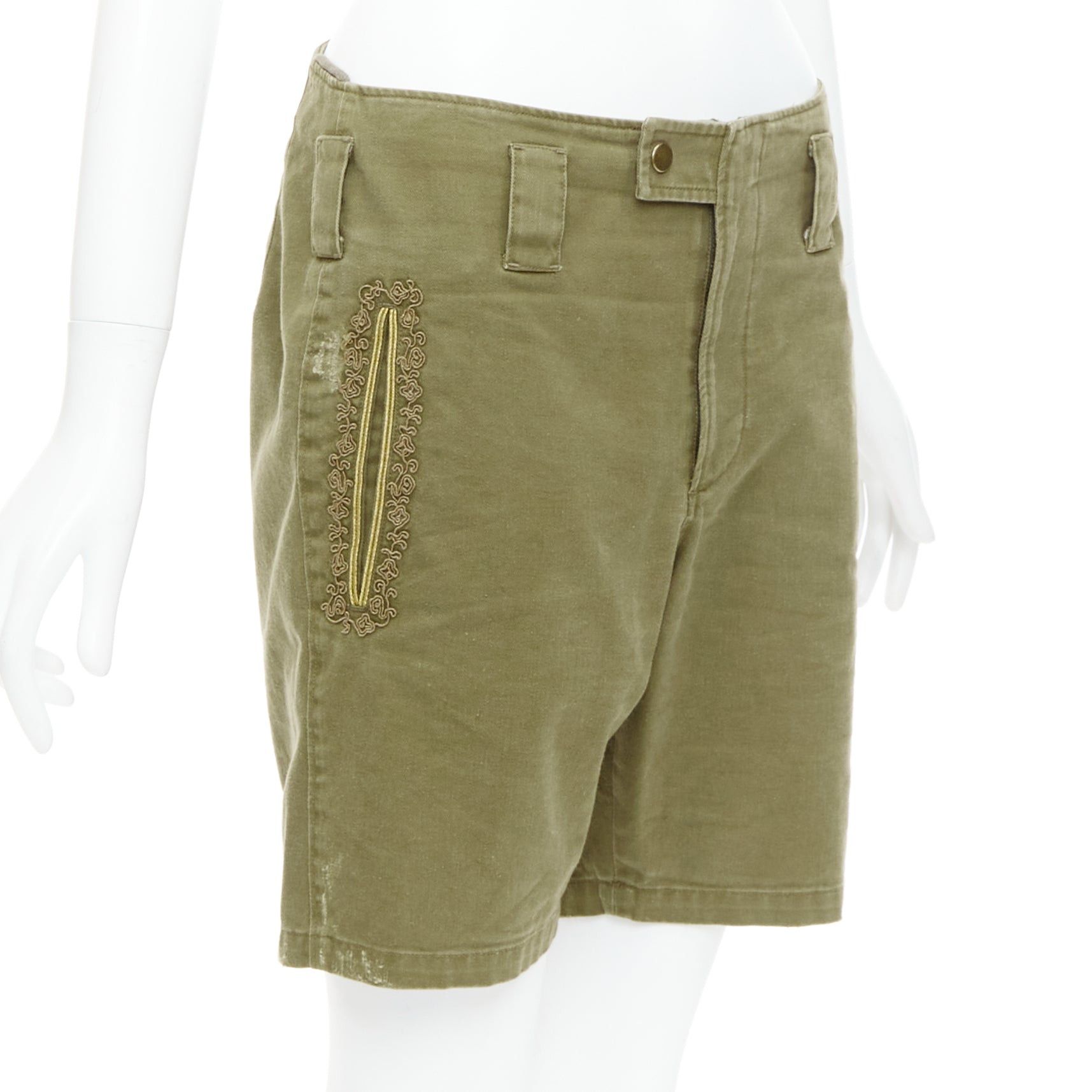 Saint Laurent Paris SAINT LAURENT 2018 green gold cotton ramie embroidered military shorts FR36 S Size 27" / US 4 / IT 40 - 3 Thumbnail