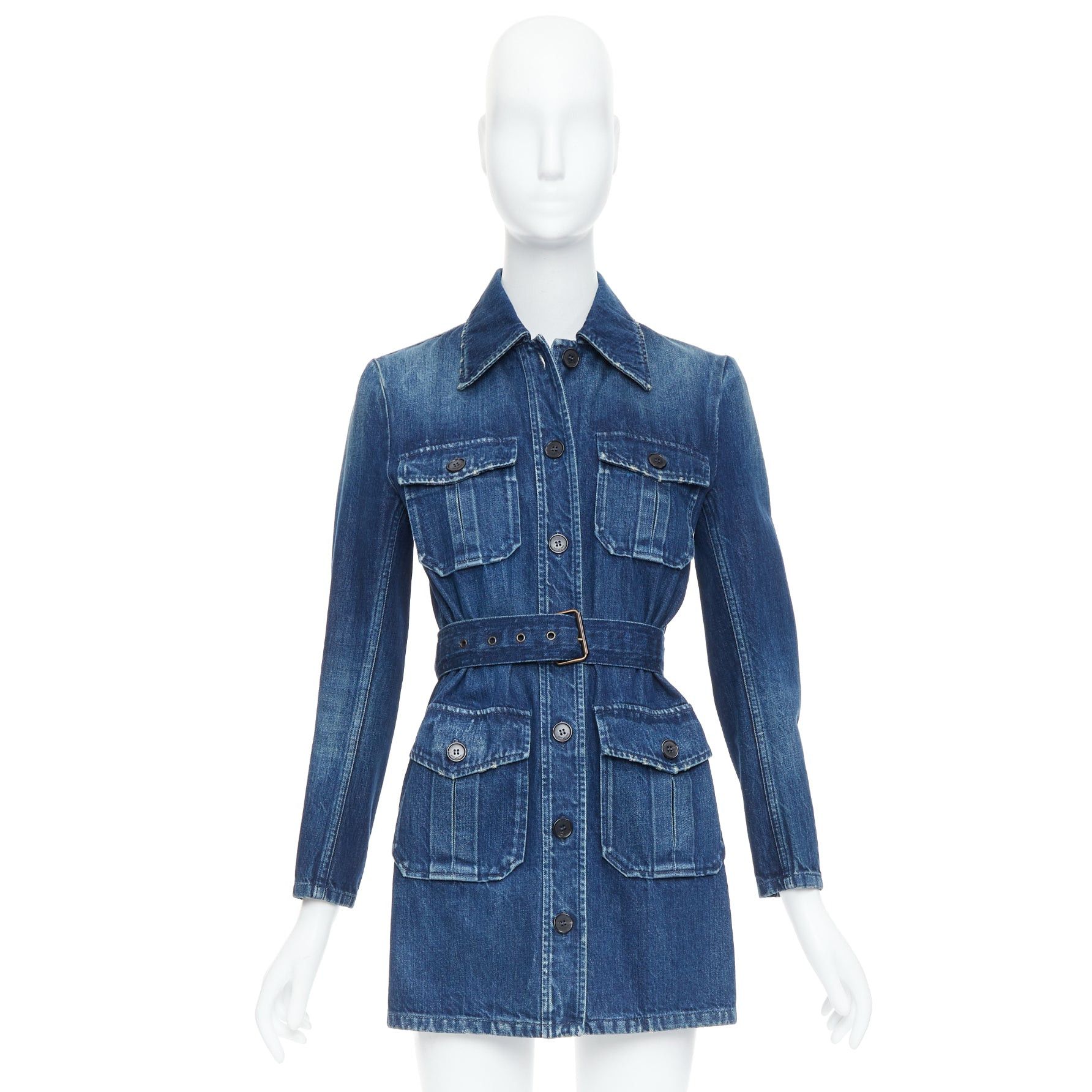 Saint Laurent Paris SAINT LAURENT Saharienne blue indigo washed denim belted safari shirt dress Size XS / US 0-2 / IT 36-38 - 10 Thumbnail