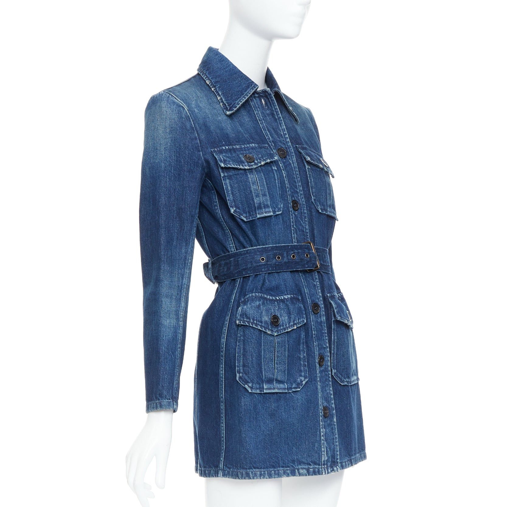 Saint Laurent Paris SAINT LAURENT Saharienne blue indigo washed denim belted safari shirt dress Size XS / US 0-2 / IT 36-38 - 4 Thumbnail