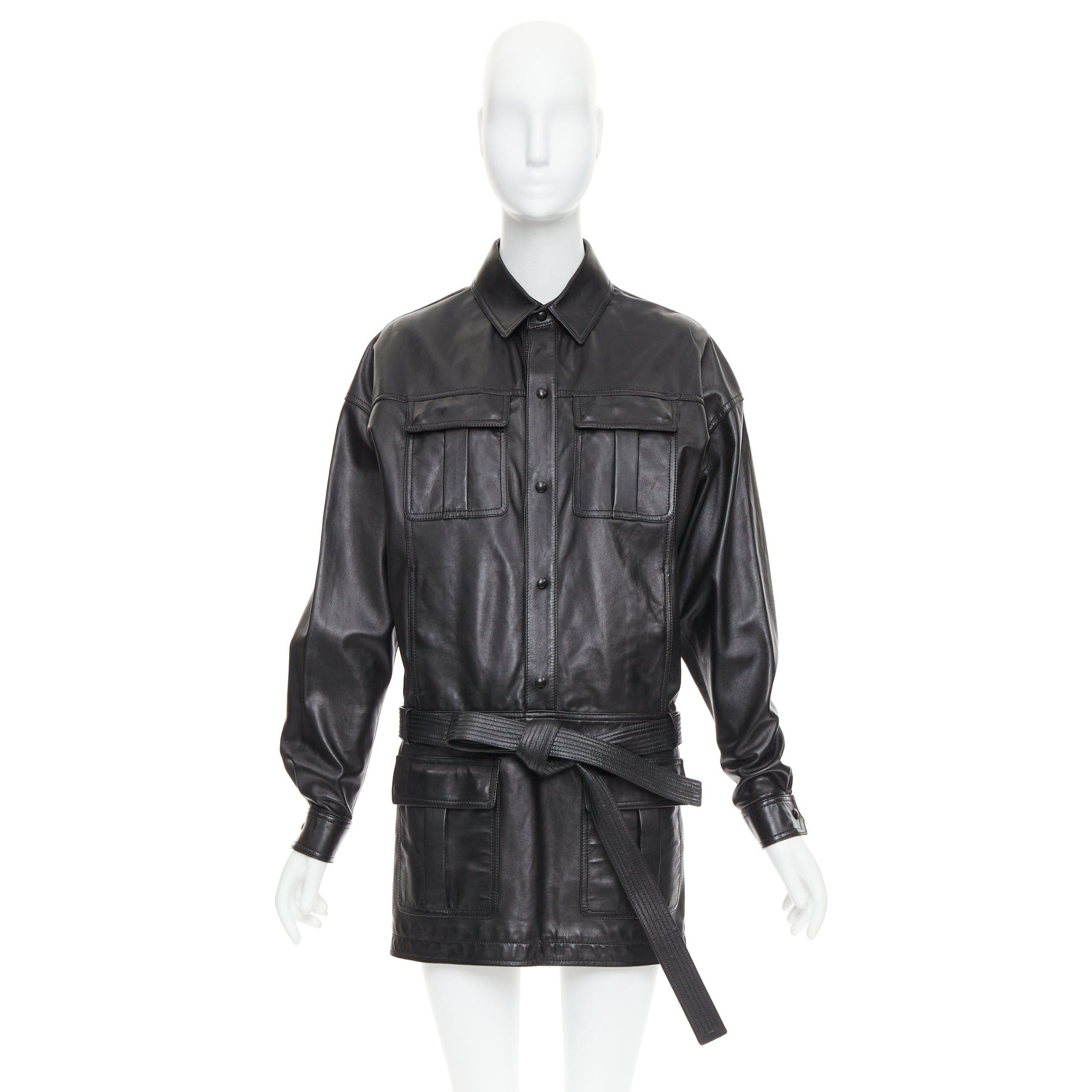 Saint Laurent Paris SAINT LAURENT 2018 black lambskin leather low waist safari shirt dress FR36 S Size S / US 4 / IT 40 - 9 Thumbnail