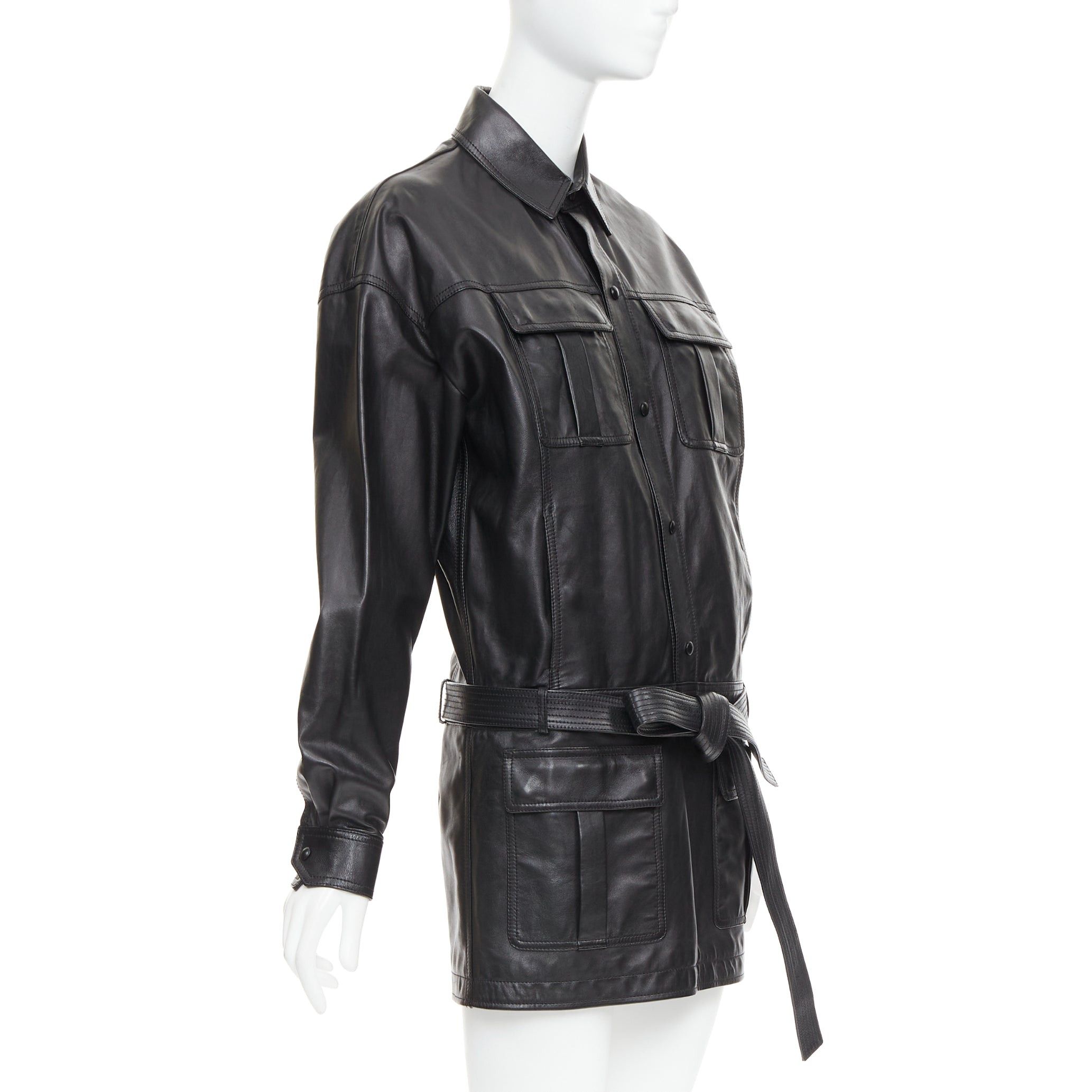 Saint Laurent Paris SAINT LAURENT 2018 black lambskin leather low waist safari shirt dress FR36 S Size S / US 4 / IT 40 - 3 Thumbnail