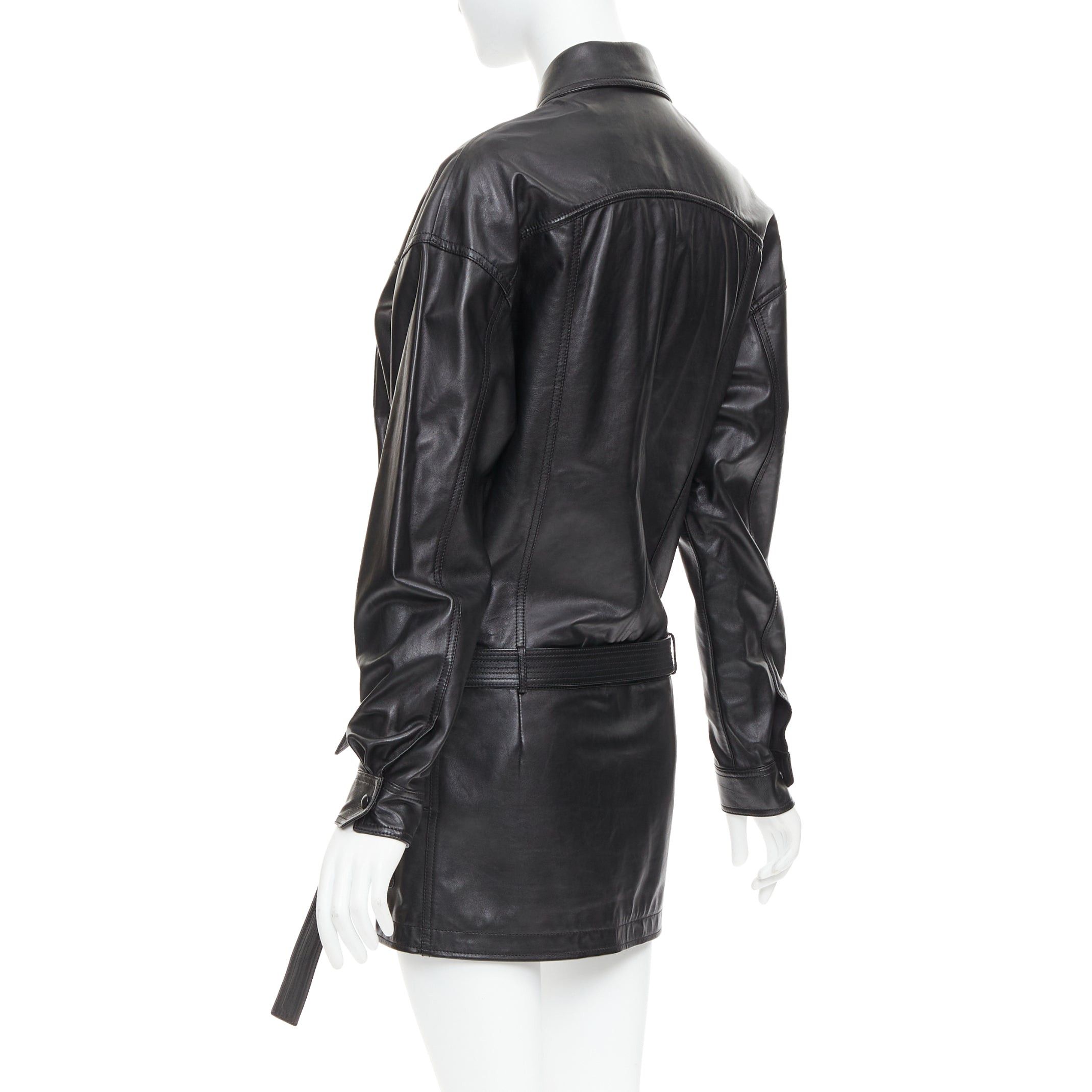 Saint Laurent Paris SAINT LAURENT 2018 black lambskin leather low waist safari shirt dress FR36 S Size S / US 4 / IT 40 - 6 Thumbnail