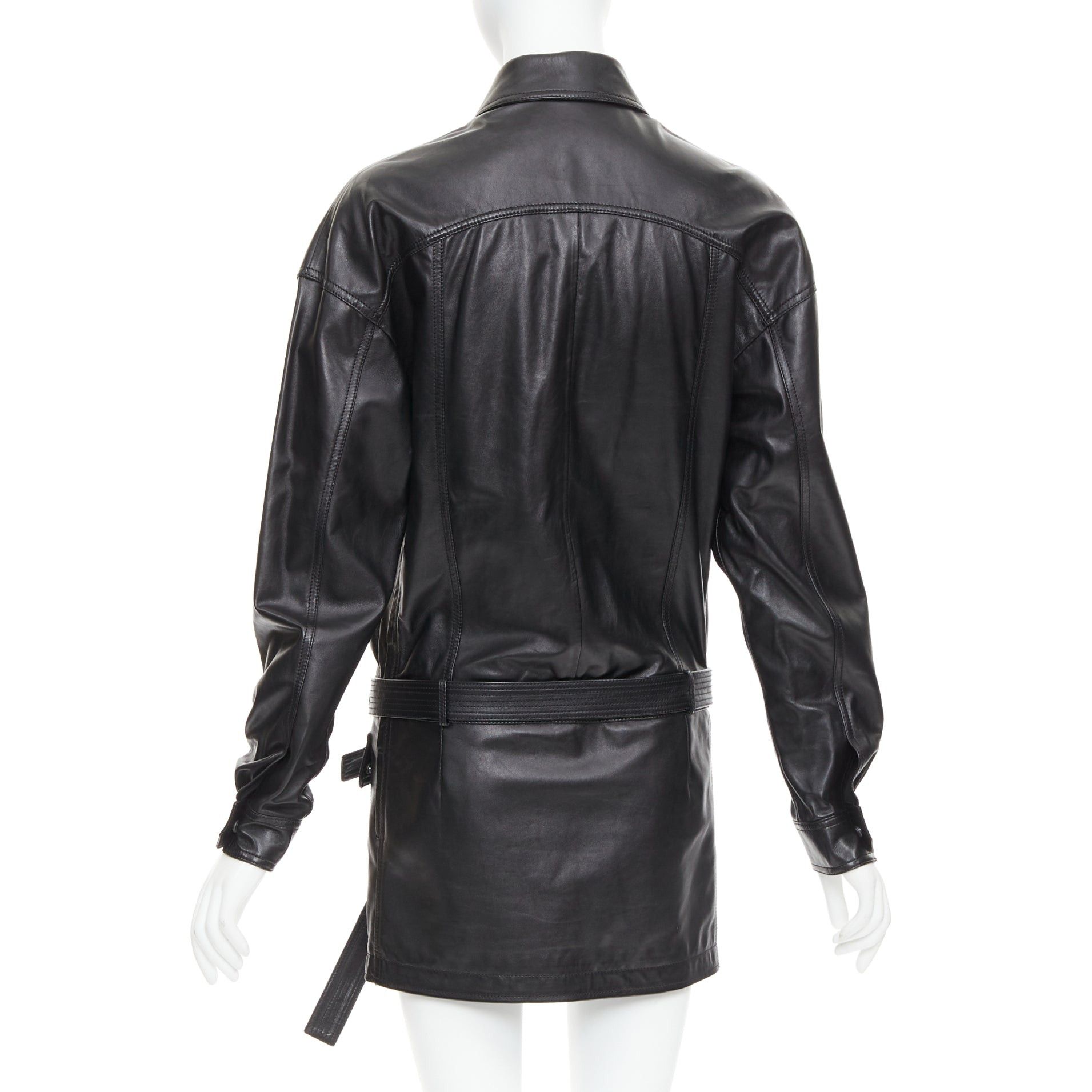 Saint Laurent Paris SAINT LAURENT 2018 black lambskin leather low waist safari shirt dress FR36 S Size S / US 4 / IT 40 - 5 Thumbnail
