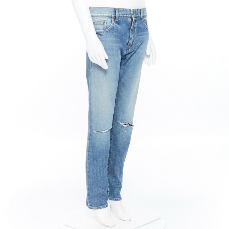 Saint Laurent Paris SAINT LAURENT Hedi Slimane blue cotton torn knee washed skinny denim jeans 29" Size 27" / US 4 / IT 40 - 3 Thumbnail