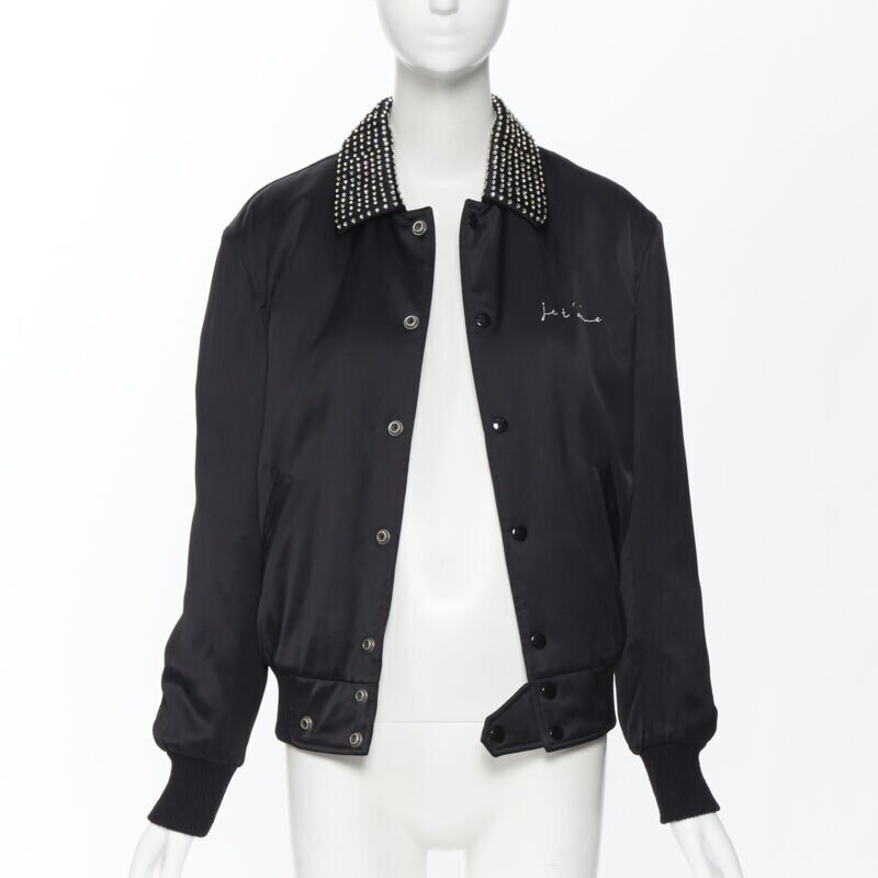 Saint Laurent Paris new SAINT LAURENT Je T'aime Teddy black satin crystal collar bomber jacket FR34 Size XS / US 0-2 / IT 36-38 - 3 Thumbnail
