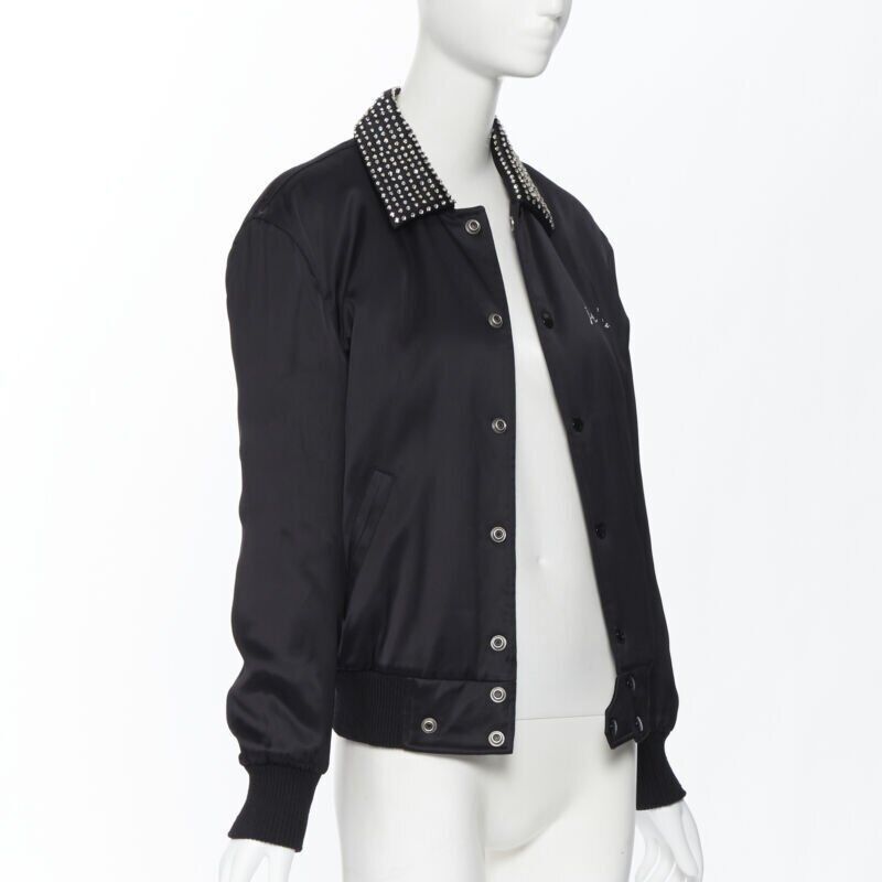 Saint Laurent Paris new SAINT LAURENT Je T'aime Teddy black satin crystal collar bomber jacket FR34 Size XS / US 0-2 / IT 36-38 - 4 Thumbnail