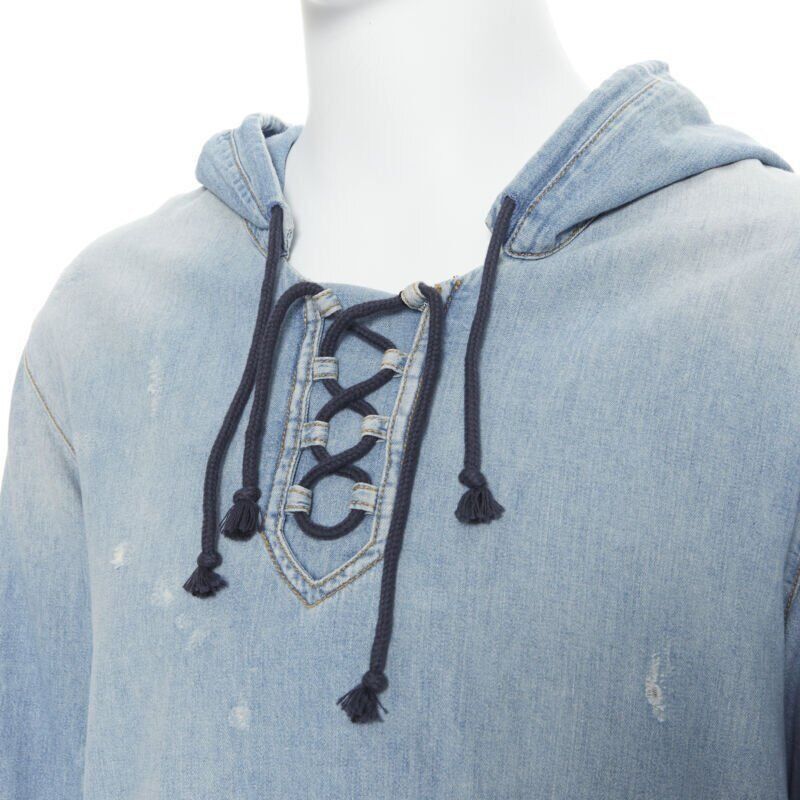 Saint Laurent Paris SAINT LAURENT 2018 distressed destroyed denim lace up hoodie pullover S Size US S / EU 44-46 / 1 - 7 Thumbnail