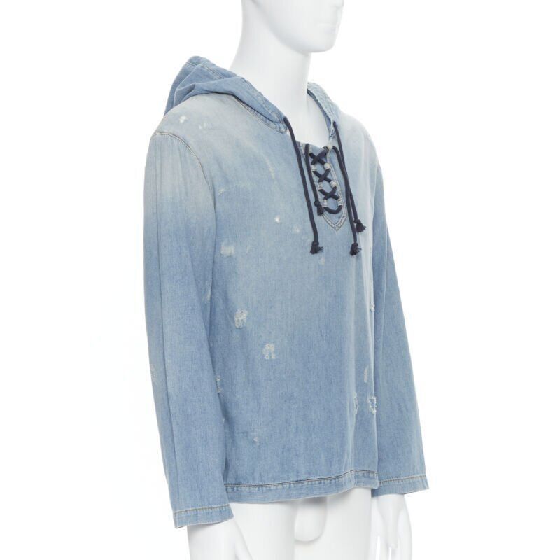 Saint Laurent Paris SAINT LAURENT 2018 distressed destroyed denim lace up hoodie pullover S Size US S / EU 44-46 / 1 - 3 Thumbnail